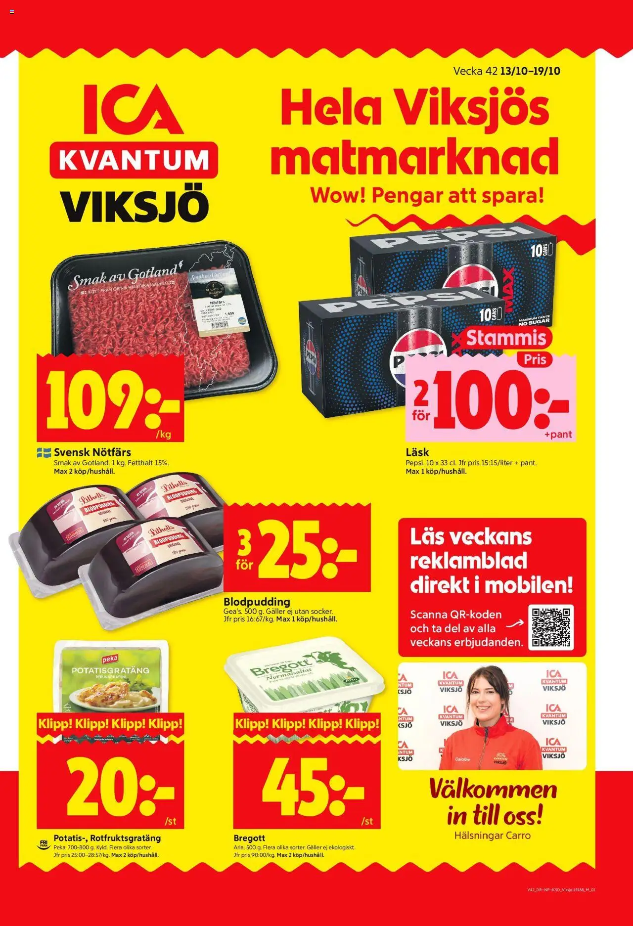 ICA Kvantum reklamblad aktuell från 13.10.2025 | Sida: 1 | Produkter: Nötfärs, Galler, Bregott, Potatisgratäng