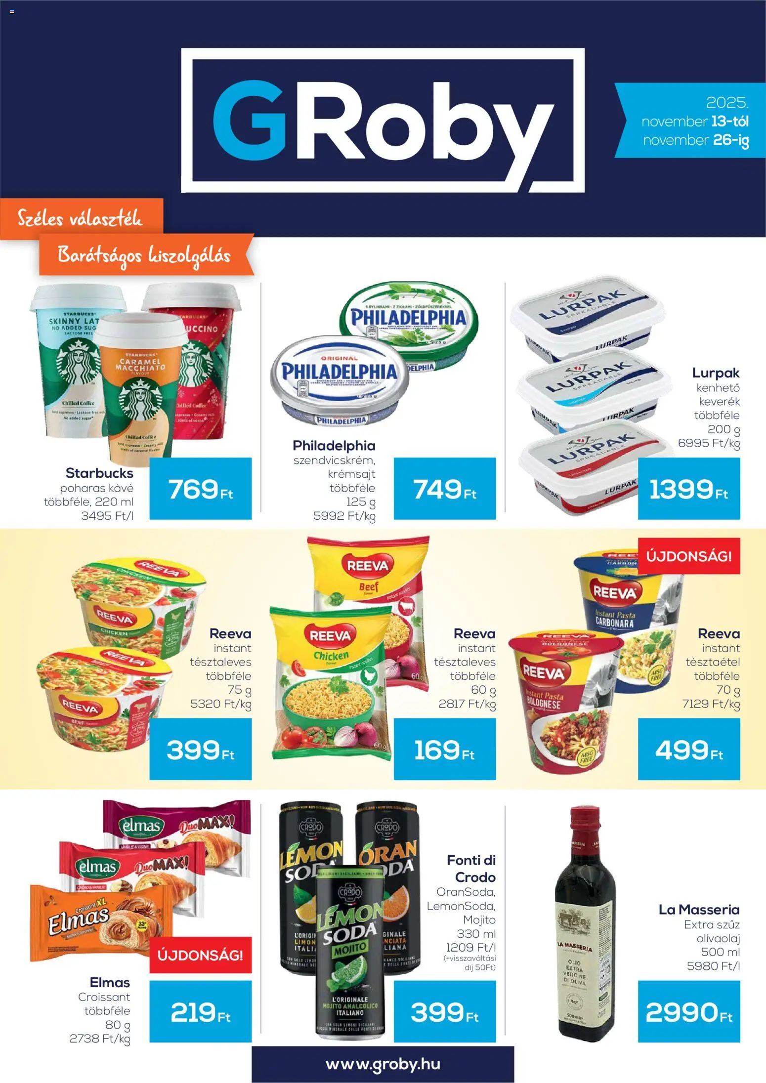 G'Roby akciós ujság - amely érvényes a következő dátumtól: 13.11.2025 | Oldal: 1 | Termékek: Croissant, Krémsajt, Kávé, Olívaolaj