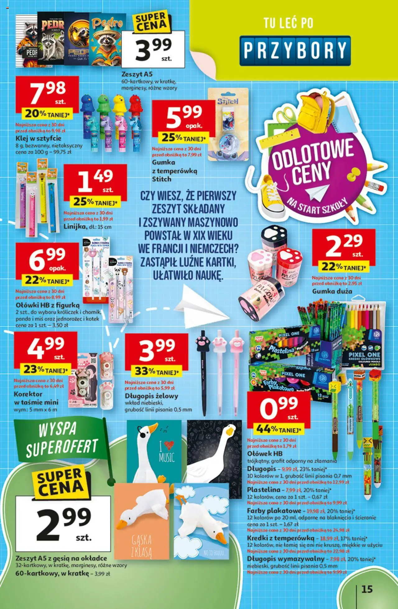 Auchan Gazetka - Odlotowe ceny na start szkoły Hipermarket od 21.08.2025 | Strona: 15 | Produkty: Temperówka, Zeszyt, Jednorożec, Korektor