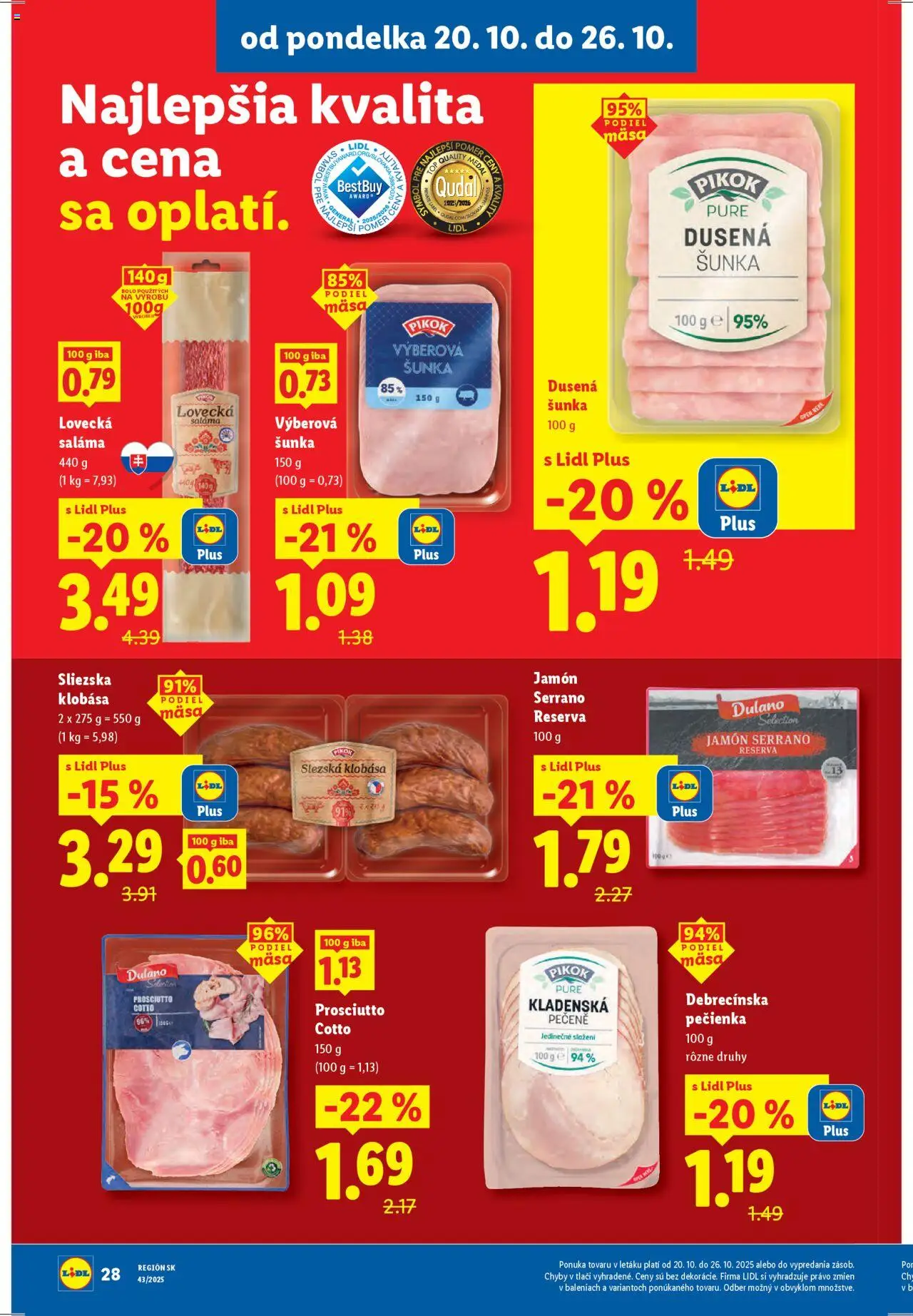 Nové Lidl akcie – leták je platný od 20.10.2025 | Strana: 42 | Produkty: Saláma, Šunka, Klobása, Med