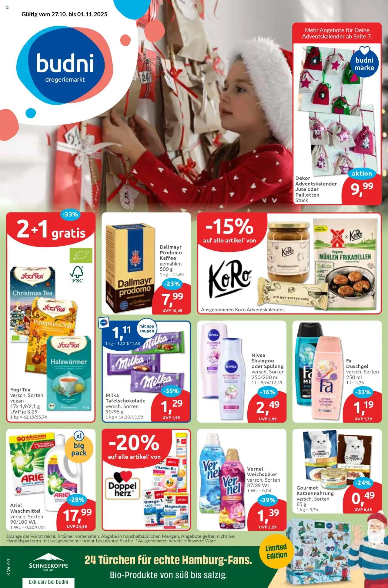 Budni Prospekt 	 – gültig ab 27.10.2025 | Seite: 1 | Produkte: Butter, Kaffee, Duschgel, Vernel