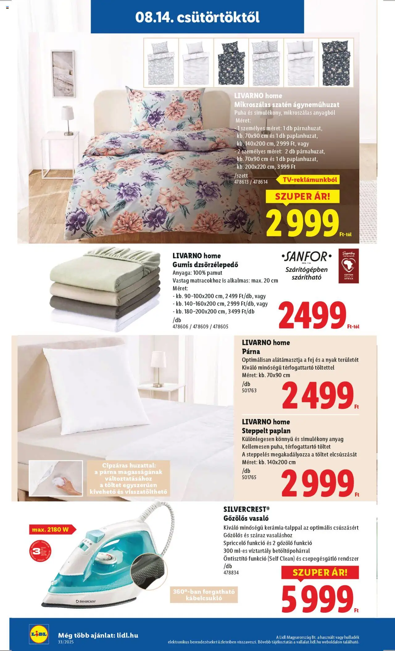 Lidl akciós ujság - amely érvényes a következő dátumtól: 14.08.2025 | Oldal: 30 | Termékek: Vasaló, Paplan, Párna, Ágyneműhuzat