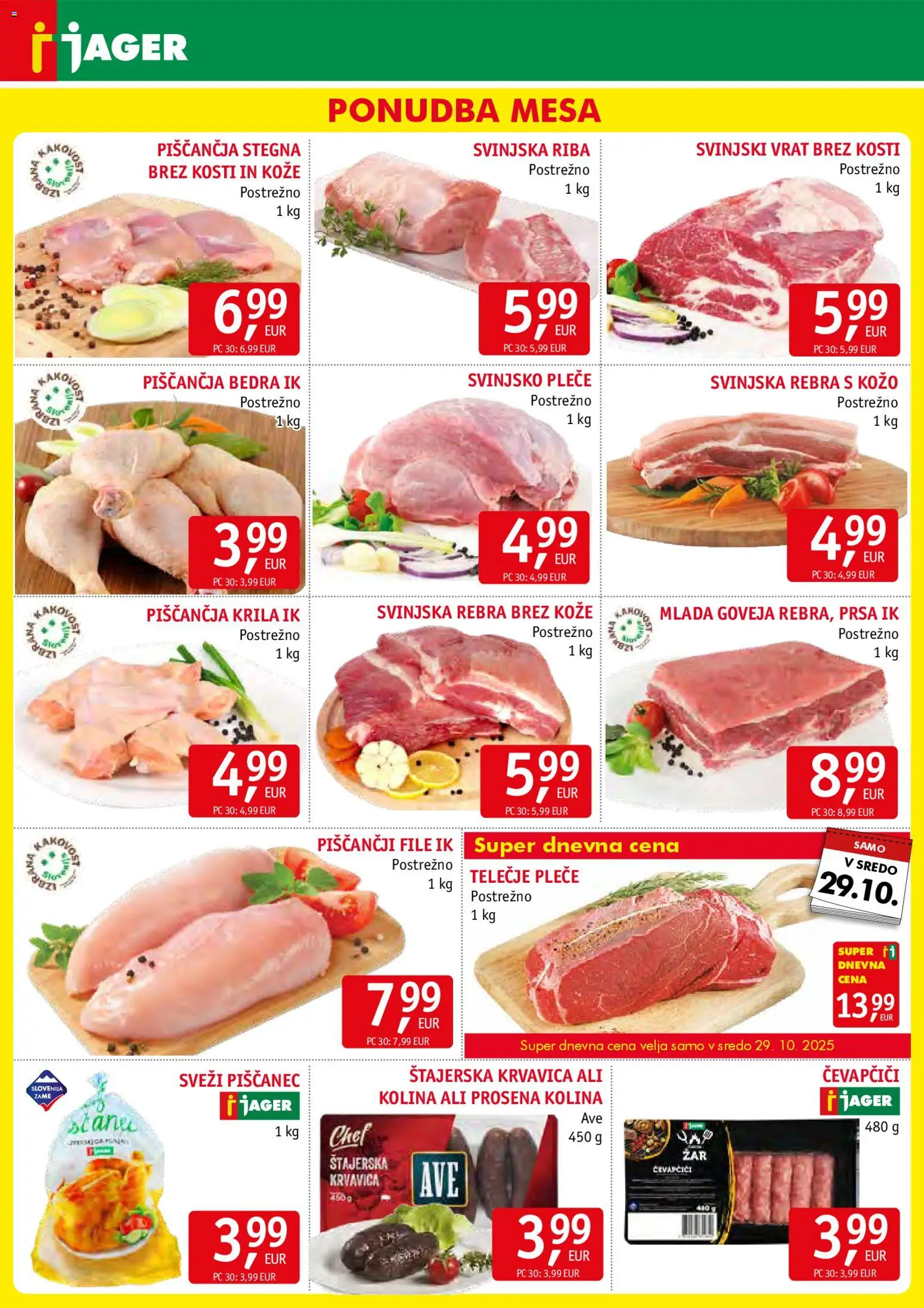 Novi Jager katalog ponudbe – veljaven od 29.10.2025 | Stran: 3 | Izdelki: Čevapčiči, Piščančja bedra, Piščančja krila, Riba