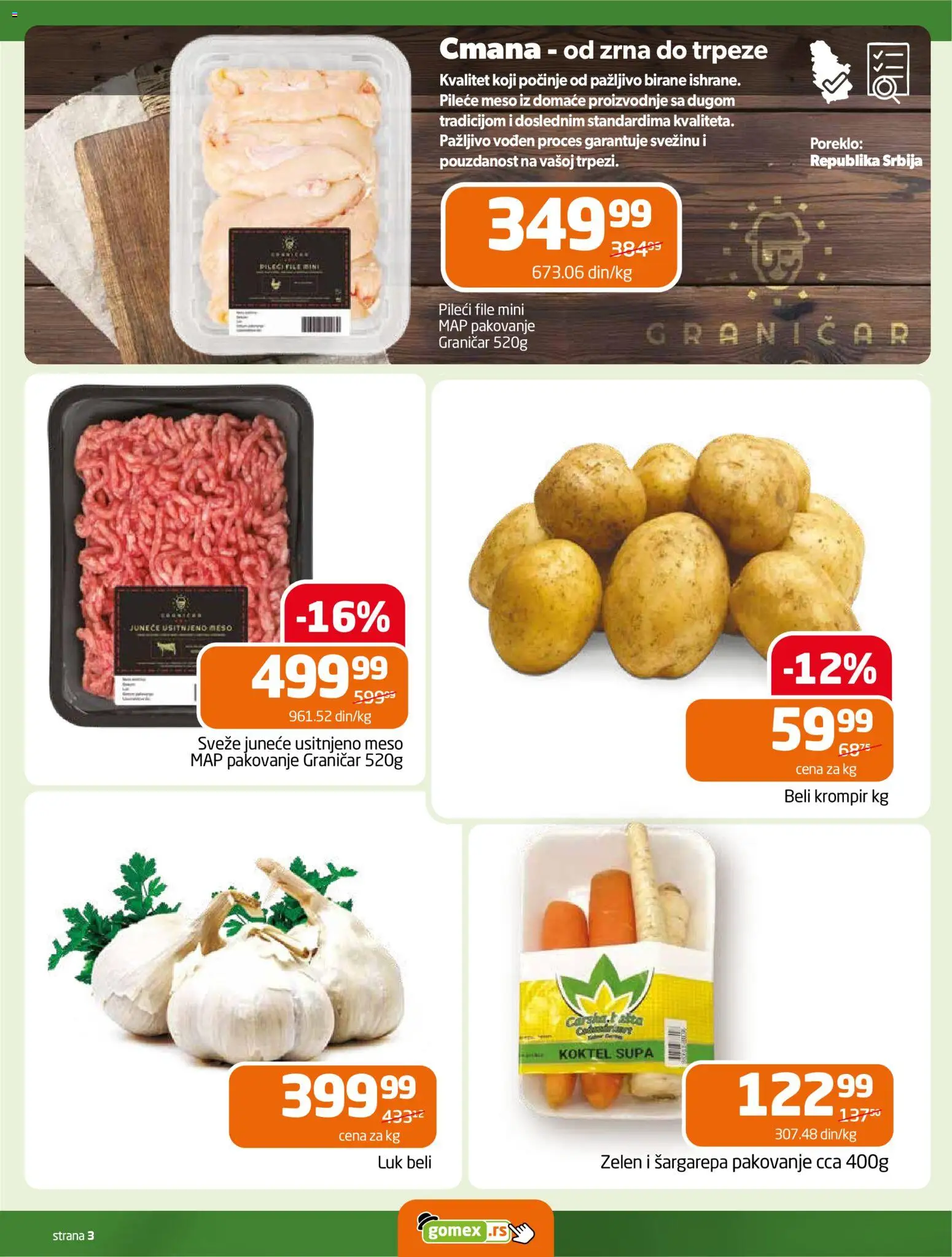 Gomex katalog - važi od 18.02.2026 | Strana: 3 | Proizvode: Pileći file, Krompir, Pakovanje, Beli krompir