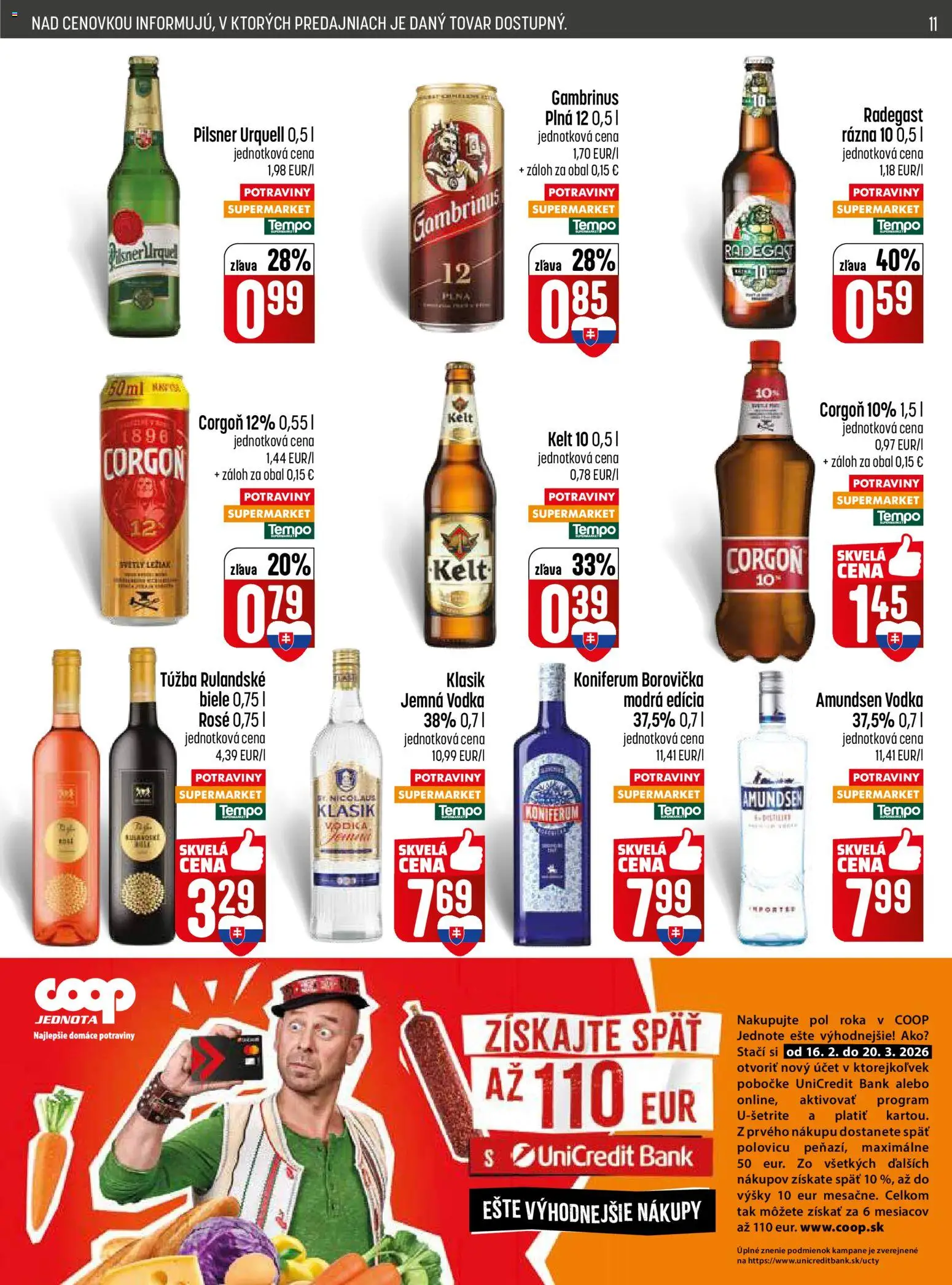 Nové COOP Jednota akcie – leták je platný od 19.02.2026 | Strana: 11 | Produkty: Borovička, Kelt, Vodka, Gambrinus