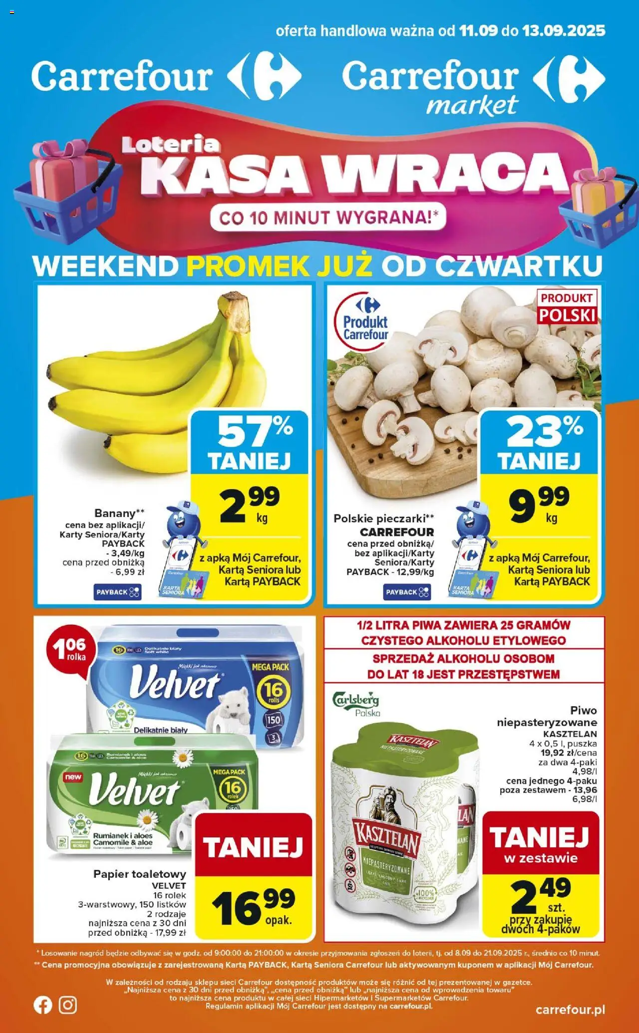 Carrefour Gazetka - Weekend promek już od czwartku od 11.09.2025 | Strona: 1 | Produkty: Karta, Pieczarki, Papier toaletowy, Piwo