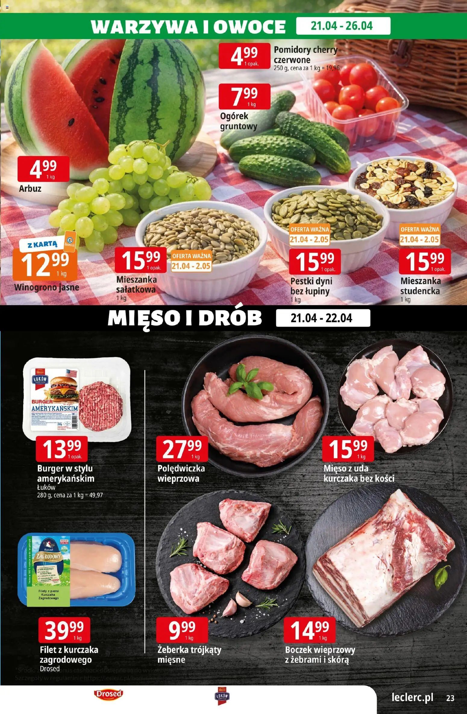 E.Leclerc gazetka - Elbląg od 21.04.2026 | Strona: 23 | Produkty: Karta, Filet z kurczaka, Boczek, Warzywa