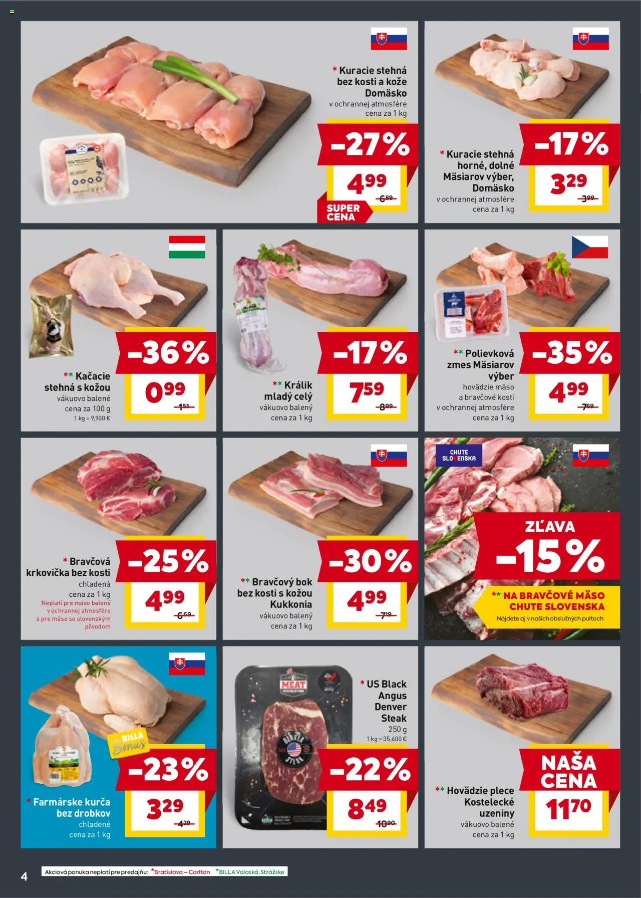 Nové Billa akcie – leták je platný od 08.10.2025 | Strana: 4 | Produkty: Hovädzie mäso, Kuracie stehná, Steak, Kurča