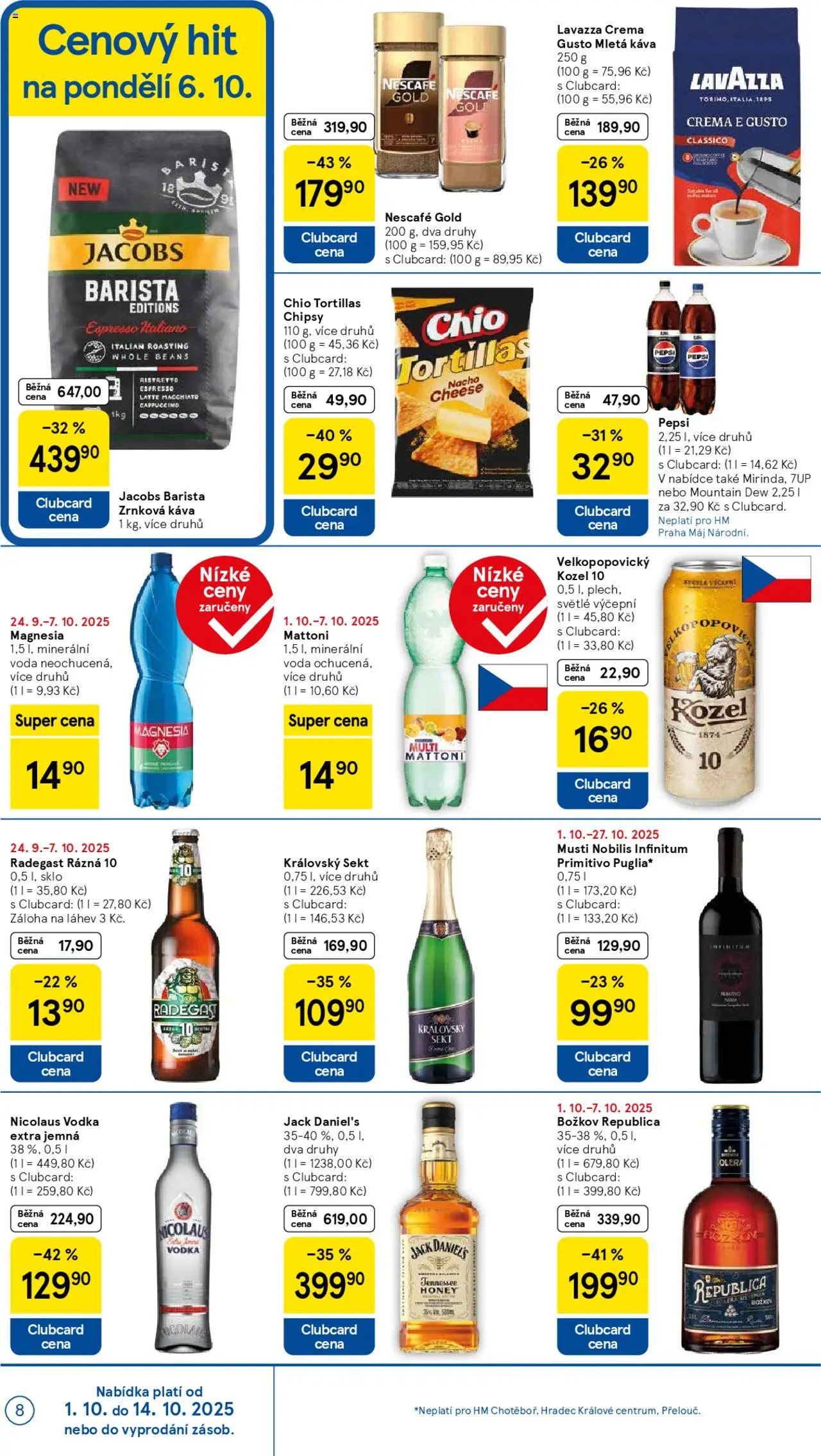 Tesco leták - Hypermarket od 01.10.2025 | Strana: 8 | Produkty: Nescafé Gold, Whiskey, Kozel 10, Mletá káva