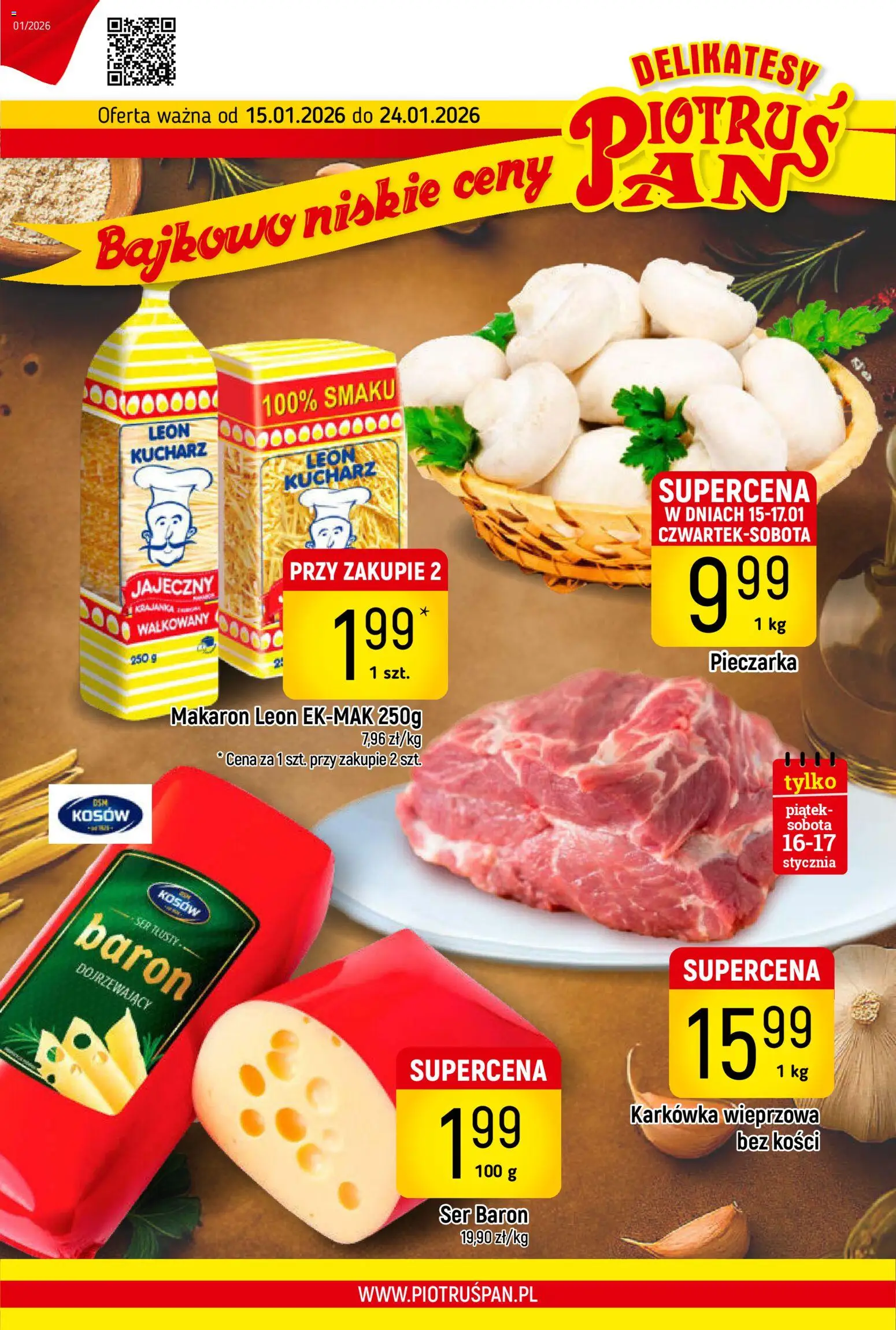 Piotruś Pan Gazetka od 15.01.2026 | Strona: 1 | Produkty: Karkówka, Delikatesy, Ser, Makaron