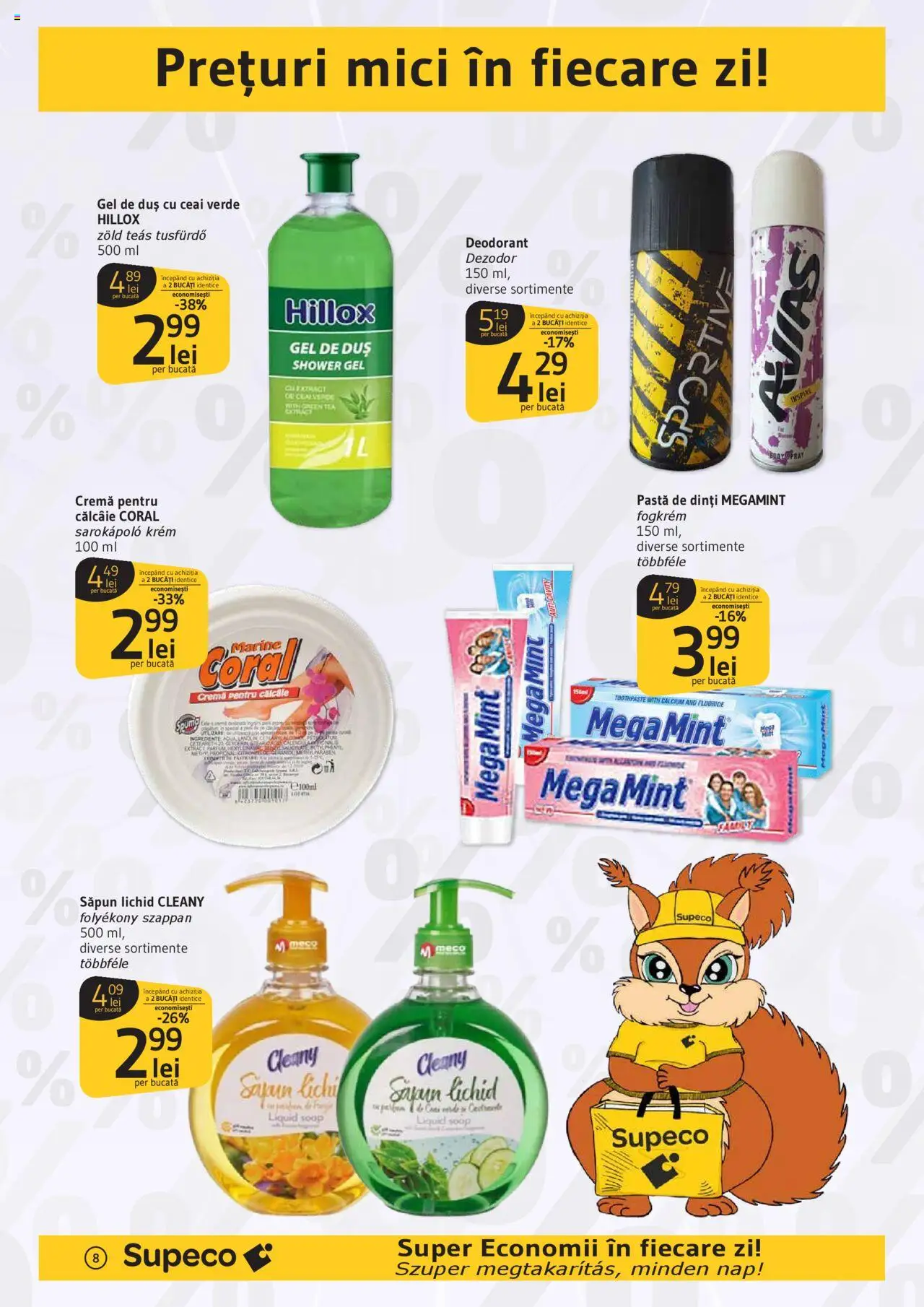 Supeco catalog - Prim Pret bilingv – valabil de la 28.08.2025 | Pagină: 8 | Produse: Mici, Cremă, Gel de duș, Ceai