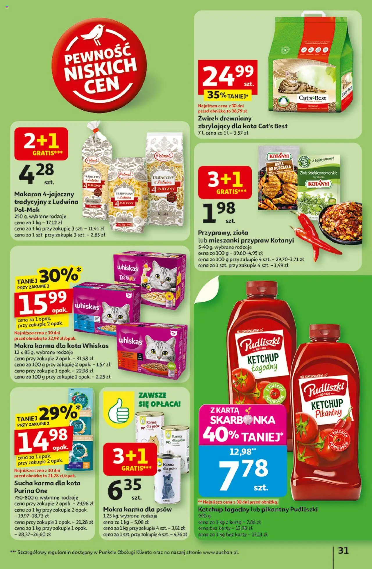 Auchan Gazetka - Pewność niskich cen Hipermarket od 07.08.2025 | Strona: 31 | Produkty: Karta, Grill, Żwirek drewniany, Karma dla psów