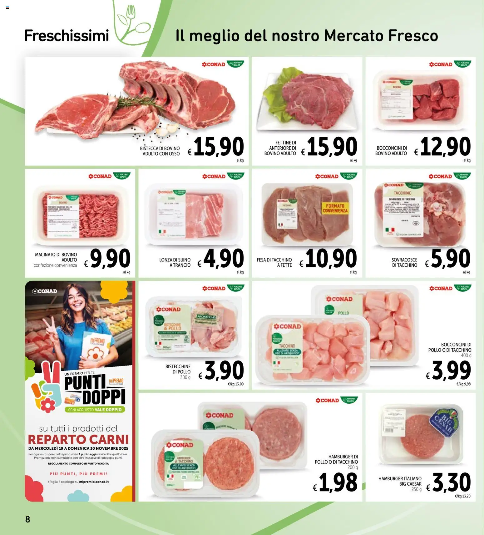 Volantino Spazio Conad del 11.11.2025 | Pagina: 8 | Prodotti: Suino, Tacchino, Hamburger, Macinato