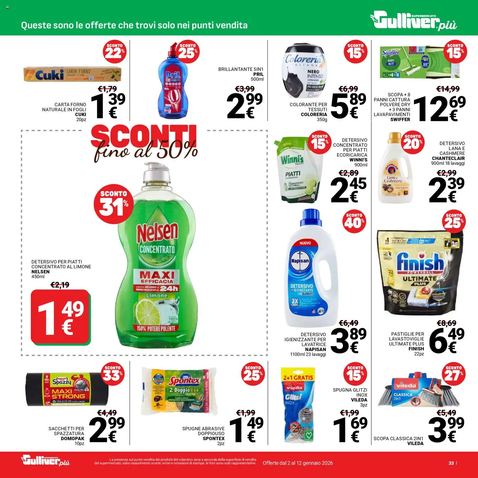 Volantino Gulliver del 02.01.2026 | Pagina: 33 | Prodotti: Detersivo per piatti, Limone, Lavatrice, Scopa