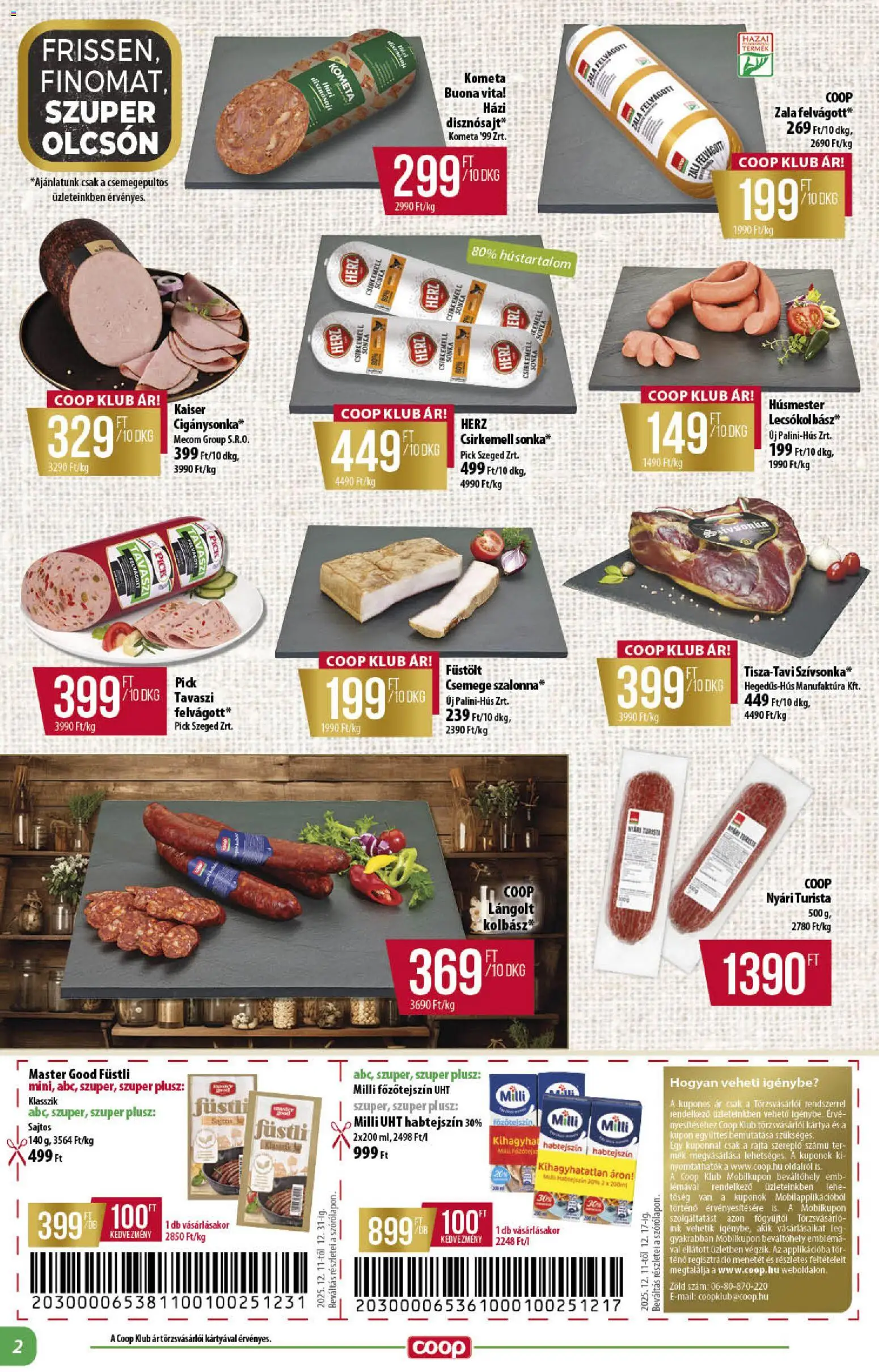 COOP akciós ujság - amely érvényes a következő dátumtól: 11.12.2025 | Oldal: 2 | Termékek: Kolbász, Pick, Főzőtejszín, Sonka