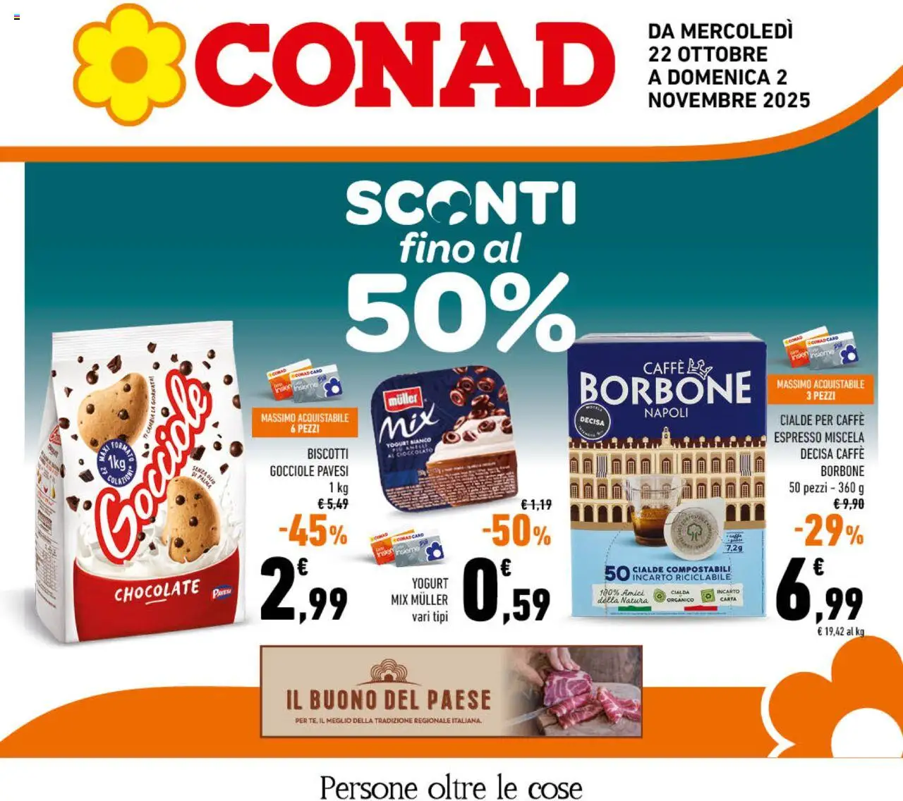 Volantino Conad del 22.10.2025 | Pagina: 1 | Prodotti: Yogurt, Caffè, Biscotti, Olio