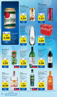 Tesco leták platný od 29.10.2025 | Strana: 30 | Produkty: Pilsner Urquell, Borovička, Zlatý Bažant, Energetický nápoj