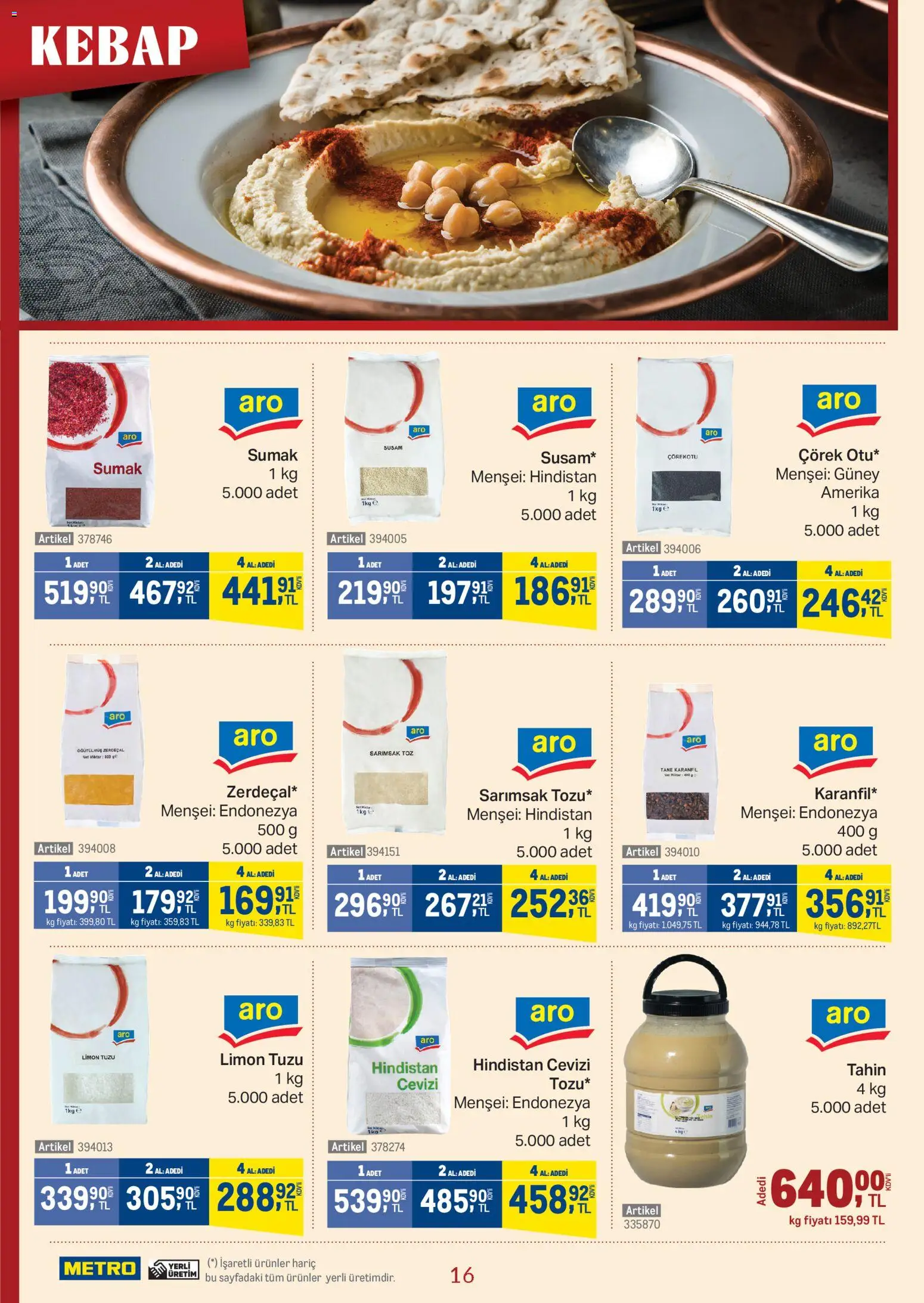Metro - Kebap Restoranları - 11.02.2026 tarihinden itibaren geçerlidir | Sayfa: 16 | Ürünler: Hindistan Cevizi, Limon, Sarımsak, Zerdeçal