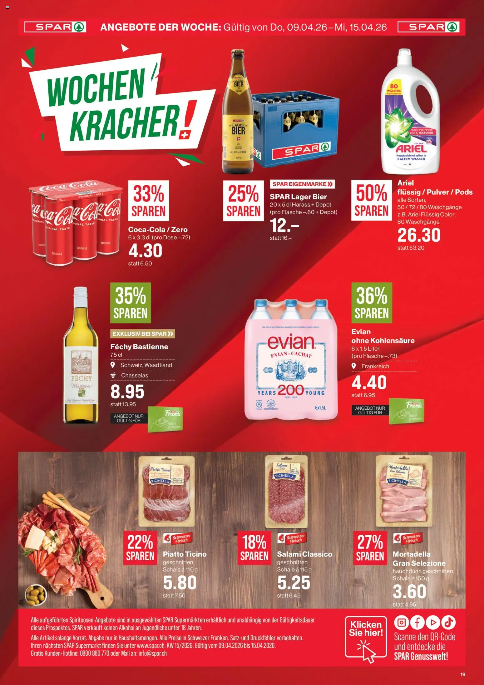 SPAR aktionen – gültig ab 09.04.2026 | Seite: 19 | Produkte: Pulver, Salami, Bier, Wasser