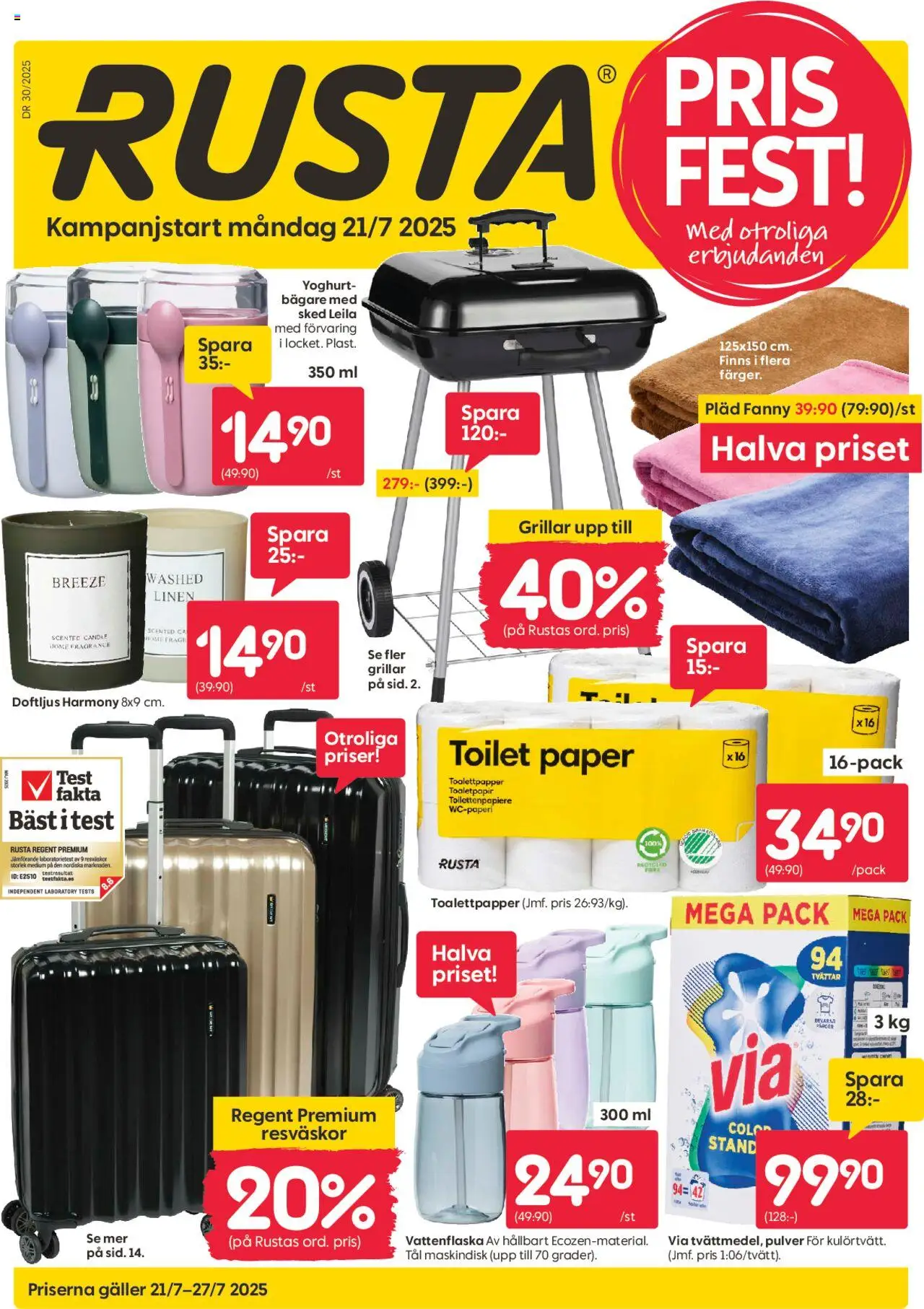 Rusta reklamblad aktuell från 21.07.2025 | Sida: 1 | Produkter: Pläd, Toalettpapper, Vattenflaska, Yoghurt
