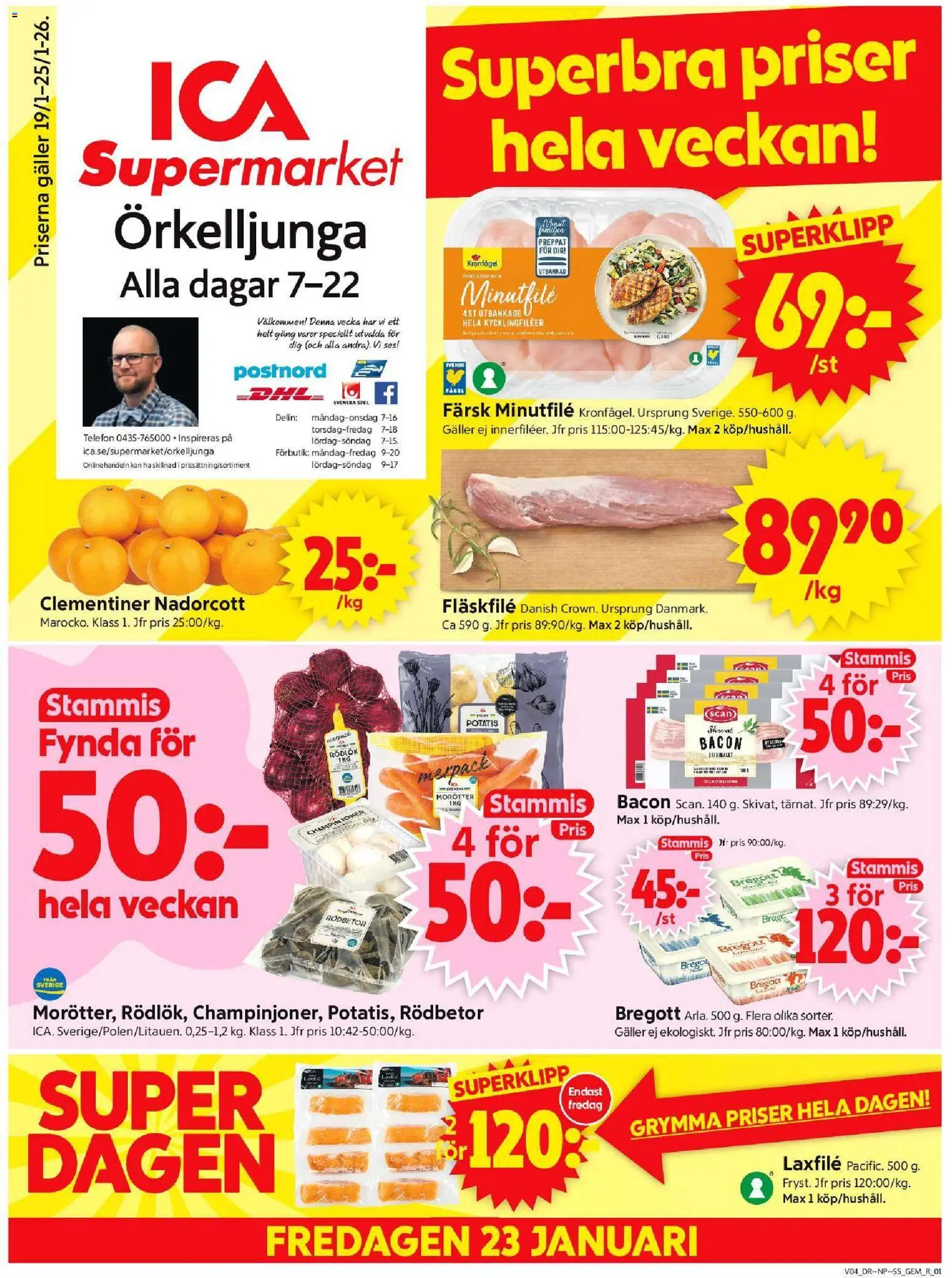 ICA Supermarket reklamblad aktuell från 19.01.2026 | Sida: 1 | Produkter: Bacon, Bregott, Rödlök, Potatis