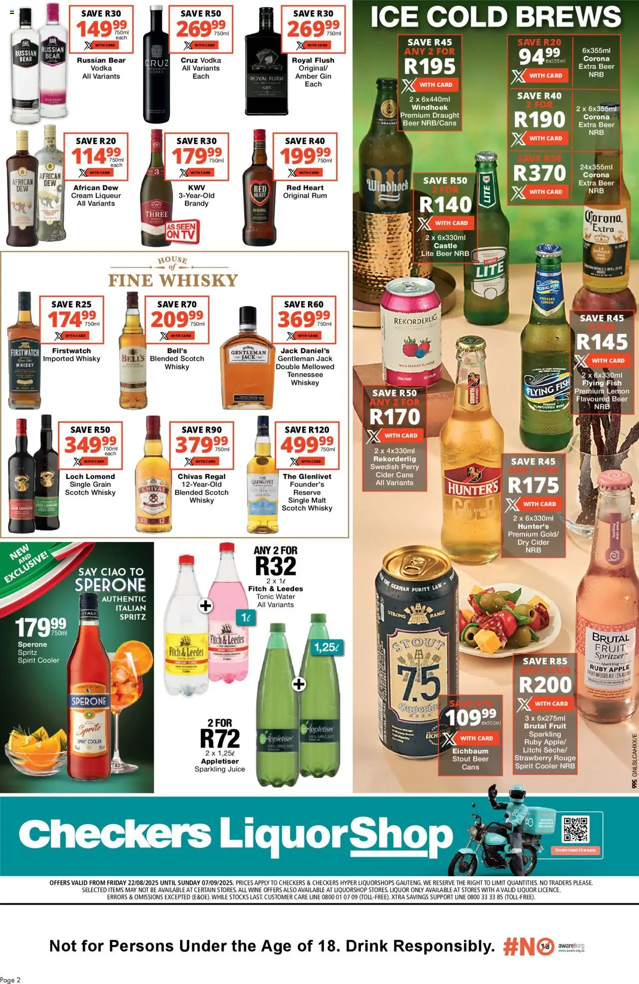 Checkers Gauteng - LiquorShop August Month-End Promotion │ valid from 22.08.2025 | Page: 2 | Products: Brandy, Rum, Tonic, Lemon
