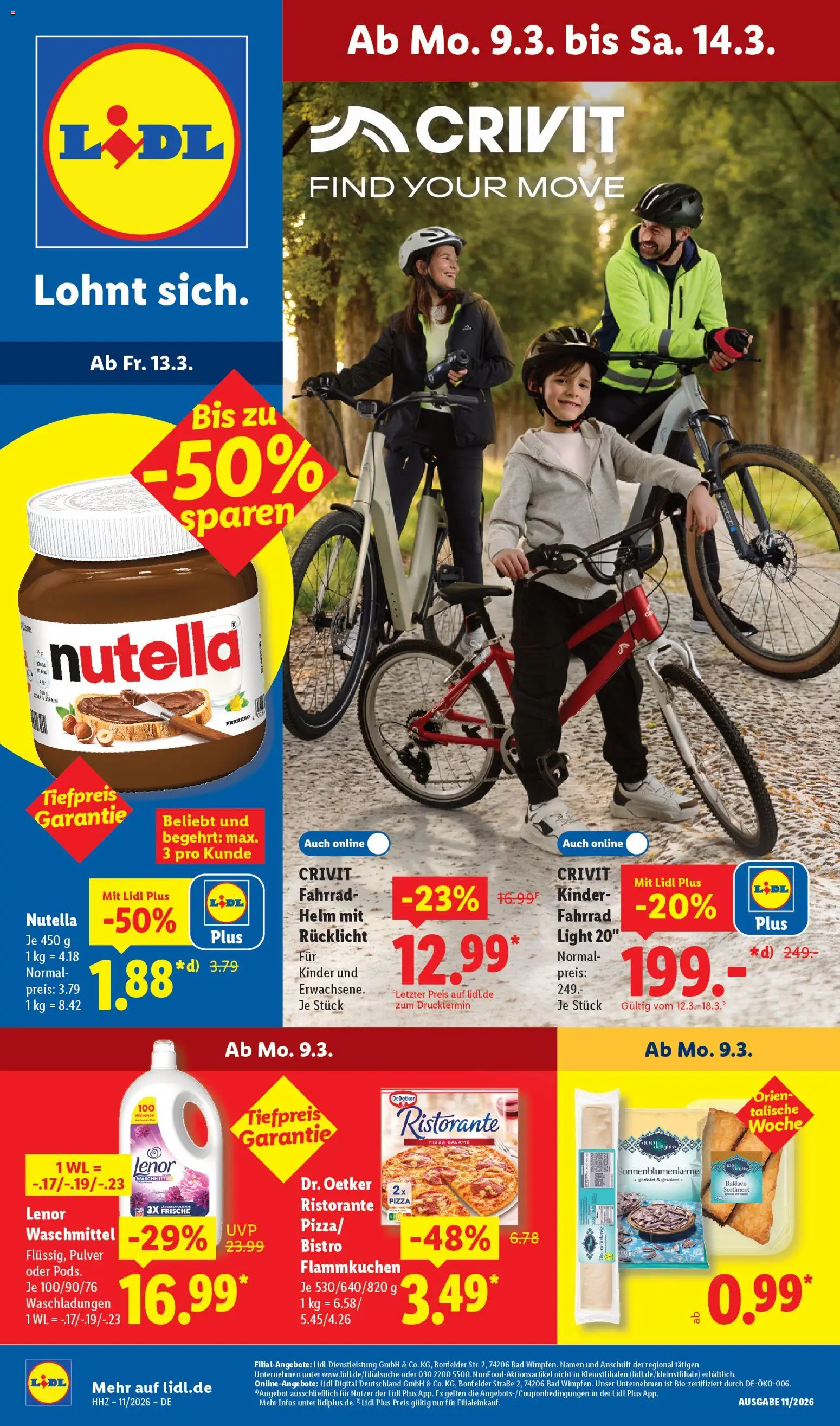 Lidl Prospekt – gültig ab 09.03.2026 | Seite: 1 | Produkte: Ristorante, Lenor, Nutella, Pizza