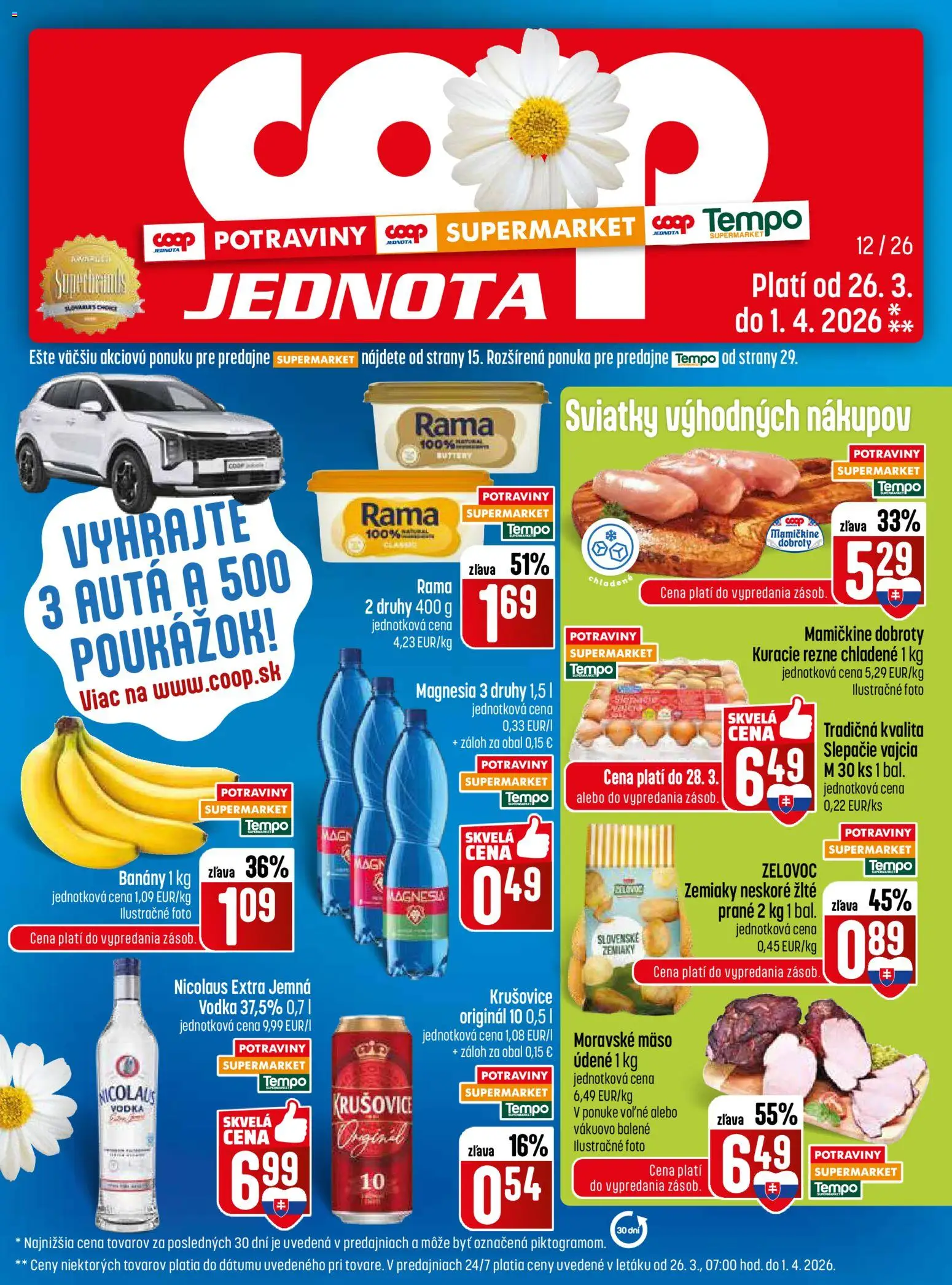 Nové COOP Jednota akcie – leták je platný od 26.03.2026 | Strana: 1 | Produkty: Vajcia, Krušovice, Kuracie rezne, Vodka