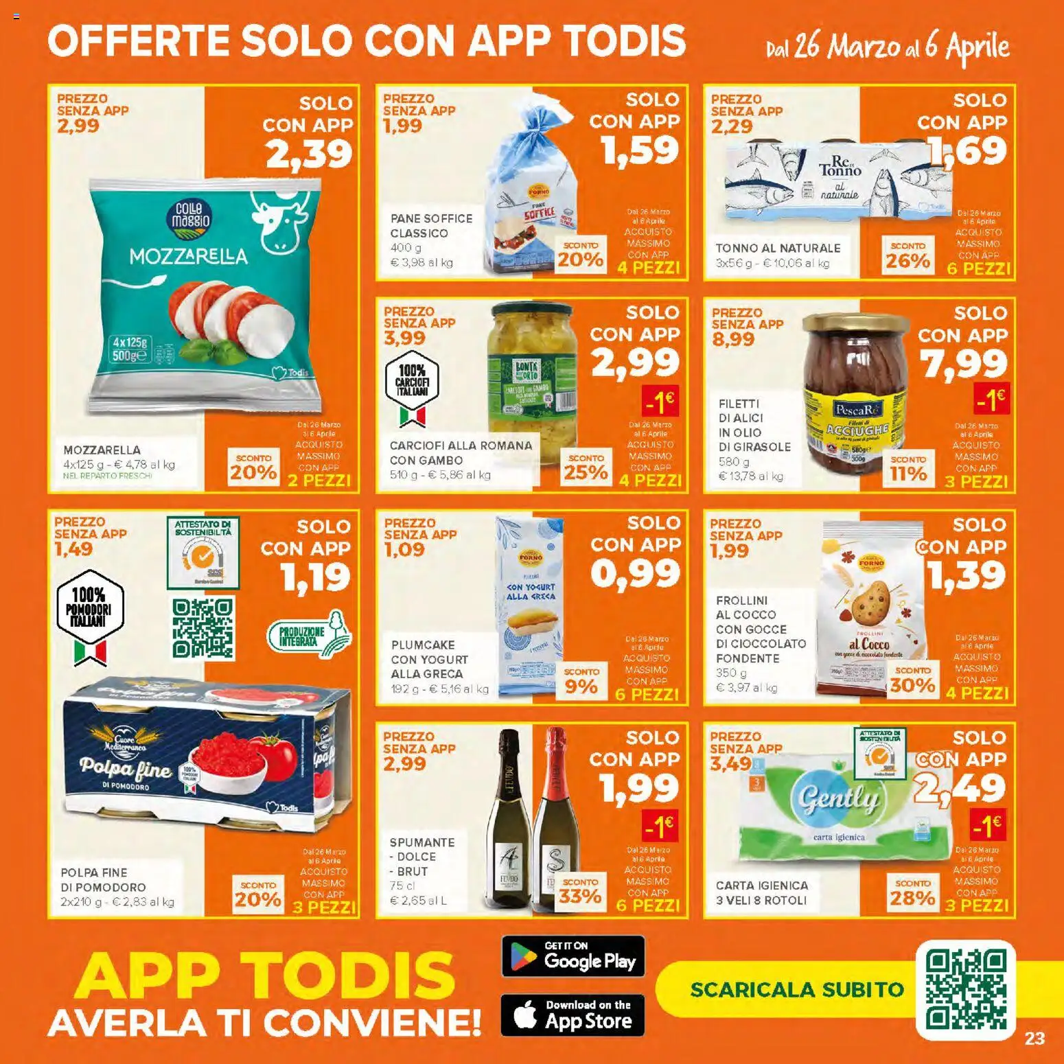 Volantino Todis del 26.03.2026 | Pagina: 23 | Prodotti: Pane, Mozzarella, Carciofi, Alici