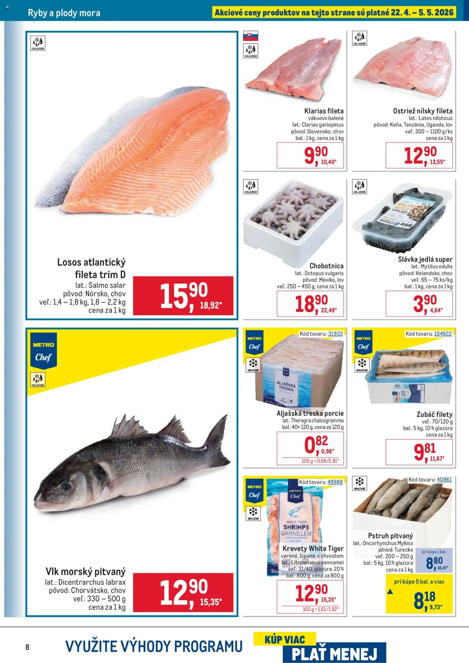 Nové Metro akcie – leták je platný od 22.04.2026 | Strana: 8 | Produkty: Krevety, Ryby, Pstruh, Losos