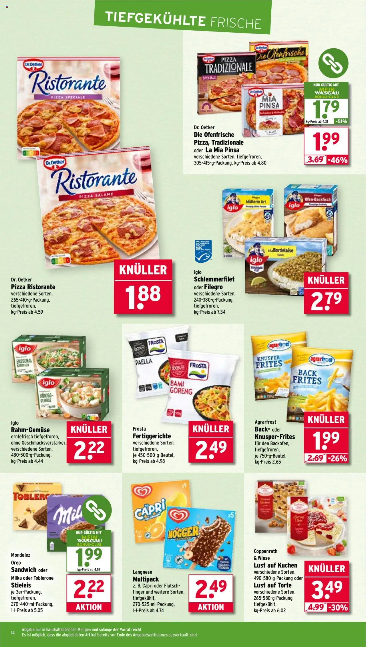 Wasgau Prospekt 	 - gültig ab dem 21.07.2025 | Seite: 14 | Produkte: Langnese, Iglo, Gemüse, Pizza