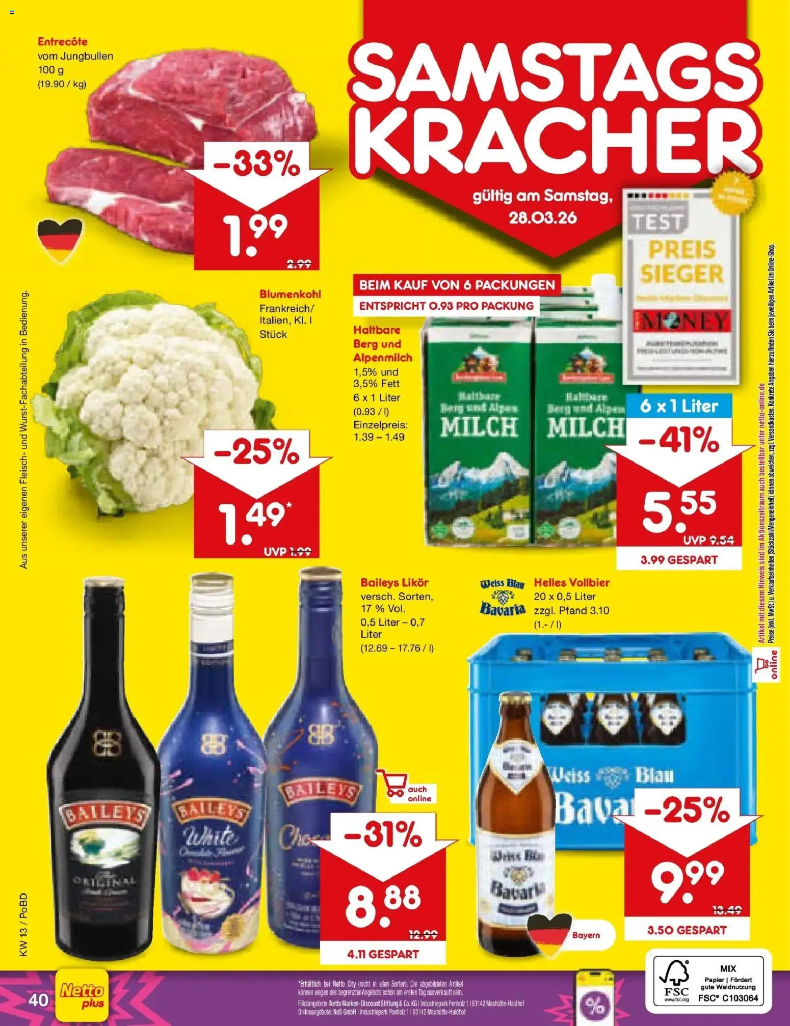 Netto Marken-Discount Prospekt Selb	 – gültig ab 23.03.2026 | Seite: 50 | Produkte: Milch, Likör, Blumenkohl, Fleisch