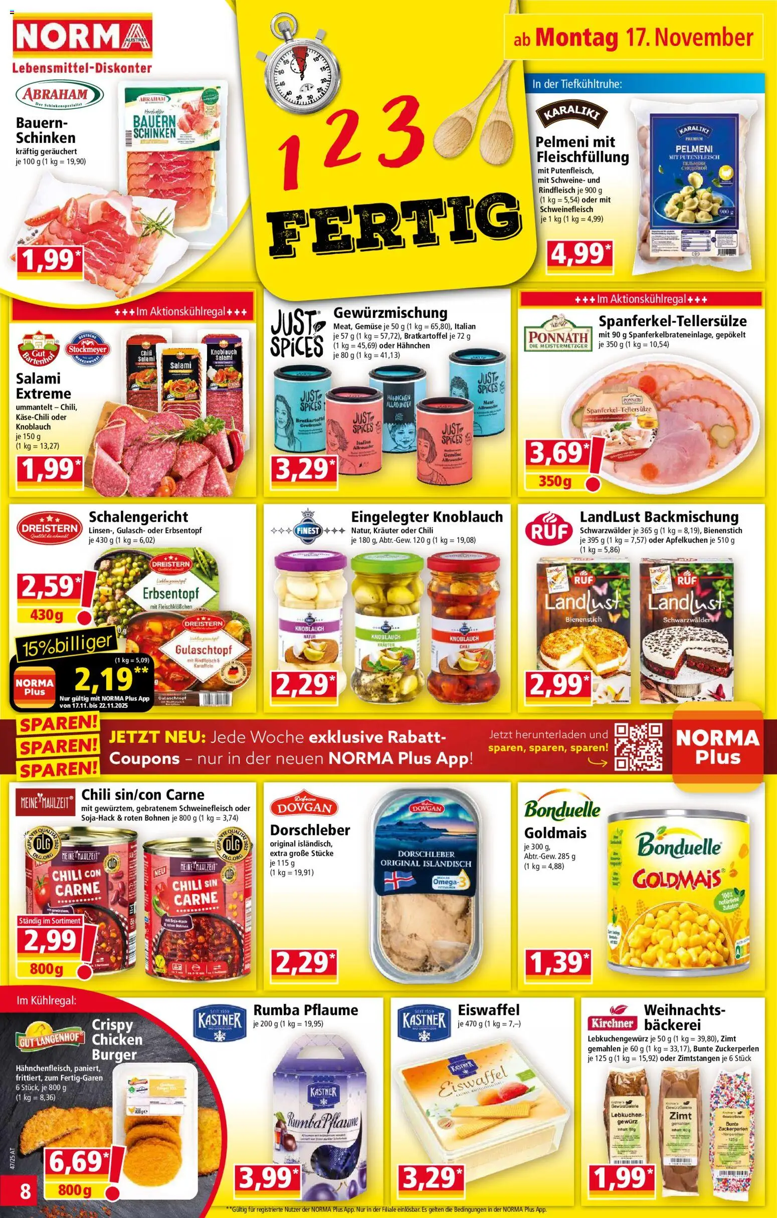 Norma Flugblatt gültig ab 17.11.2025 | Seite: 8 | Produkte: Knoblauch, Bäckerei, Schweinefleisch, Rindfleisch