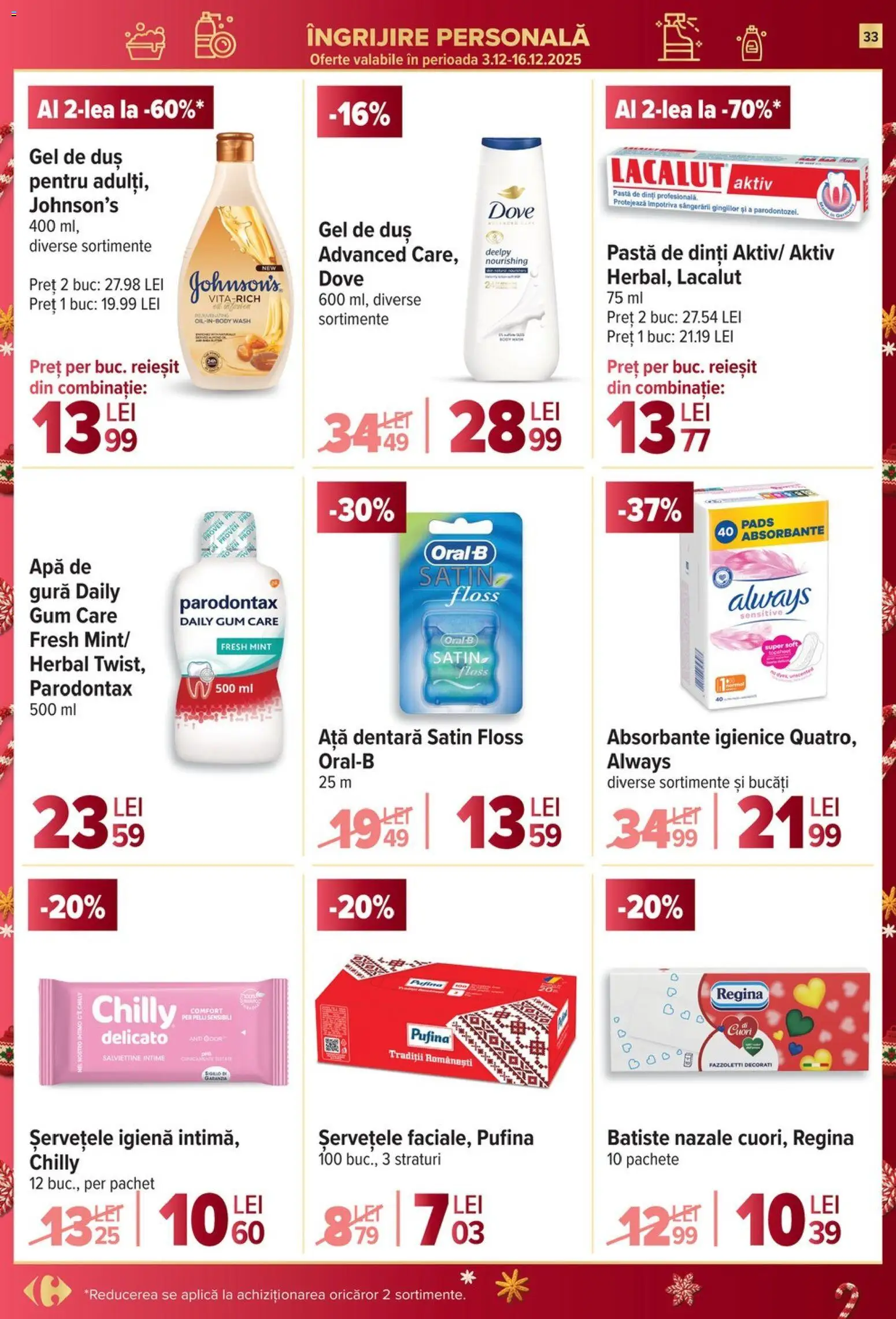 Noul catalog Carrefour – valabil de la 03.12.2025 | Pagină: 33 | Produse: Ață dentară, Gel de duș, Absorbante, Apă