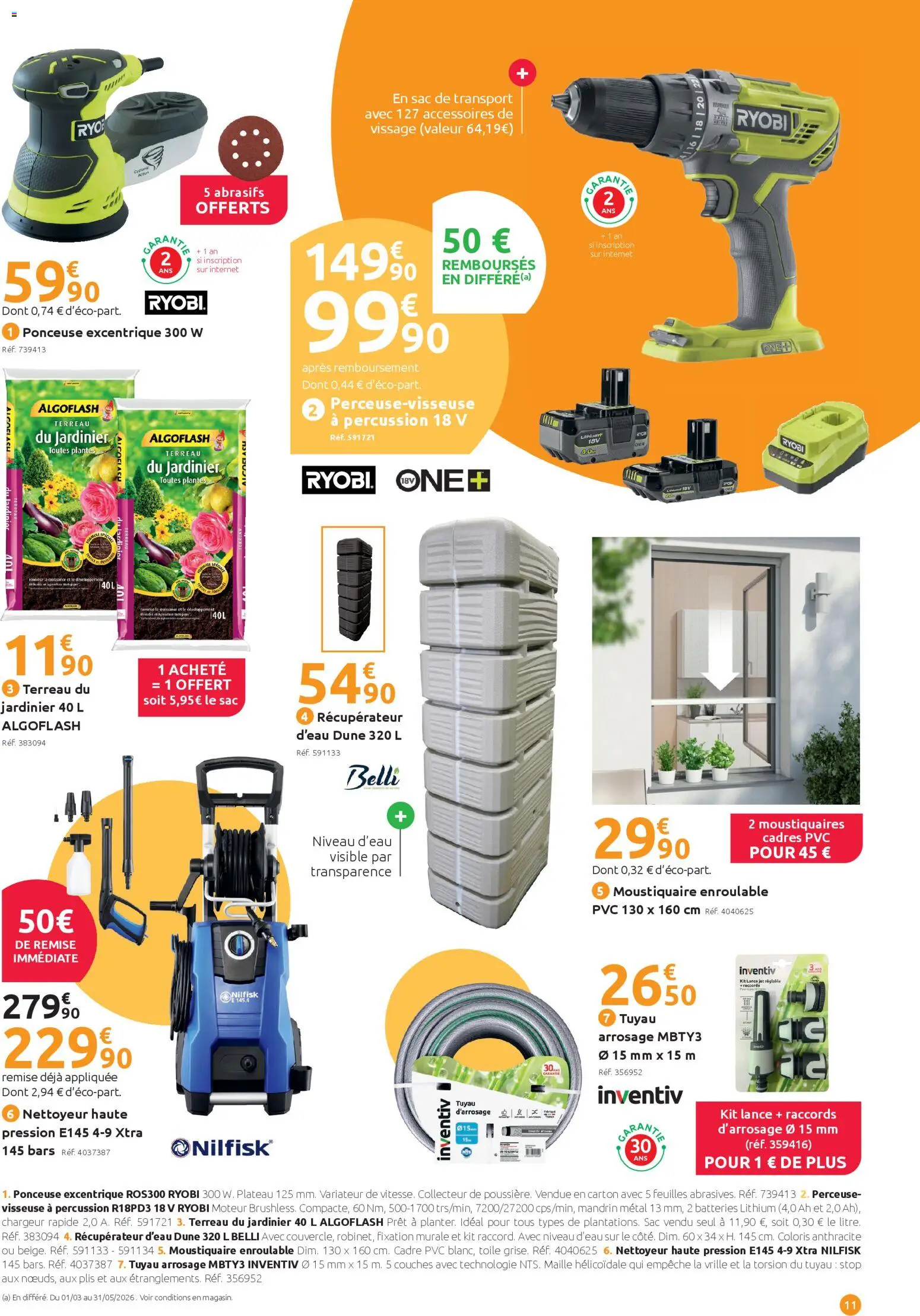 {H1} | Page: 11 | Produits: Perceuse, Plateau, Moustiquaire, Cadre