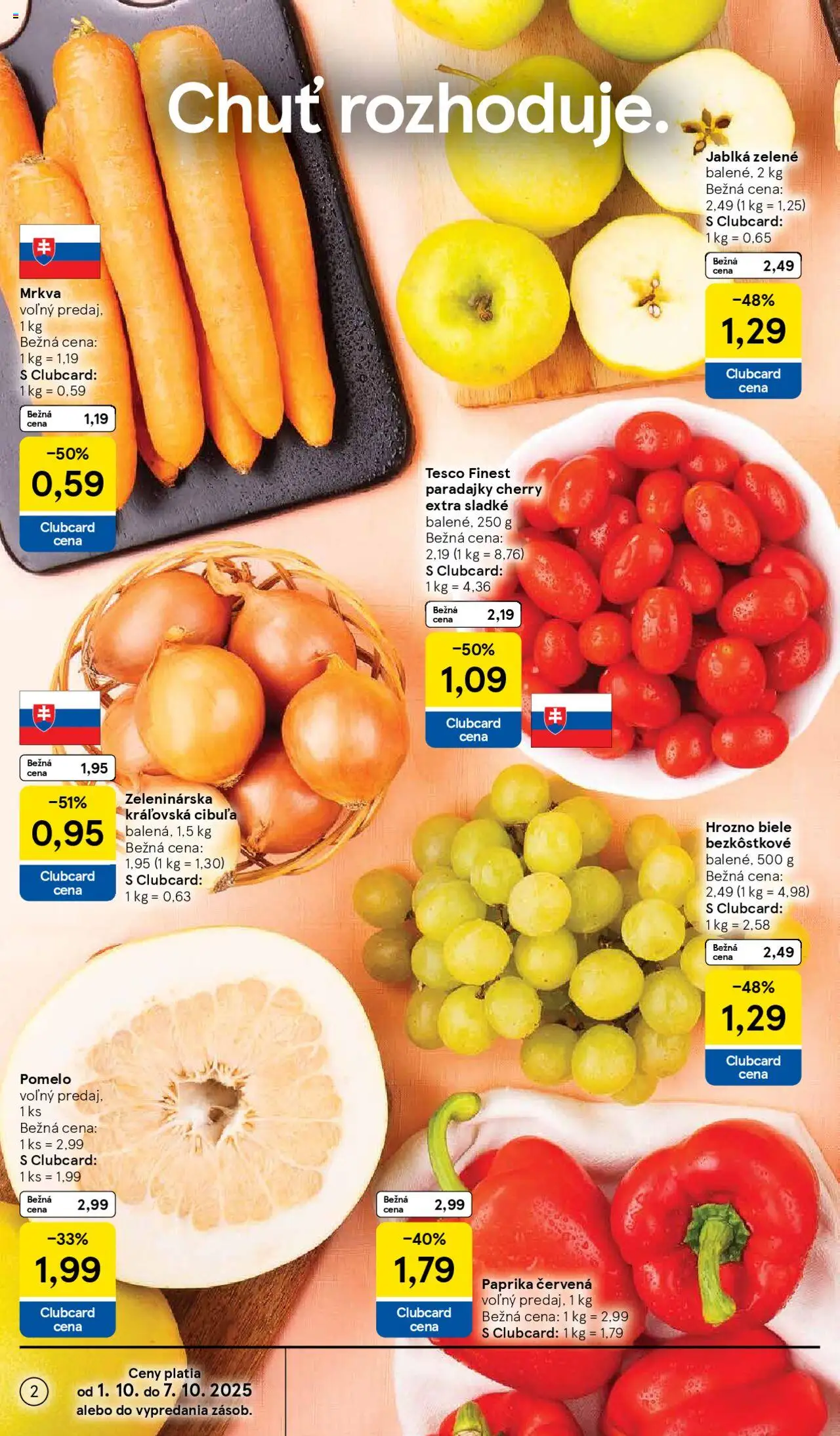 Nové Tesco akcie – leták je platný od 01.10.2025 | Strana: 2 | Produkty: Paprika, Jablká, Paradajky, Mrkva