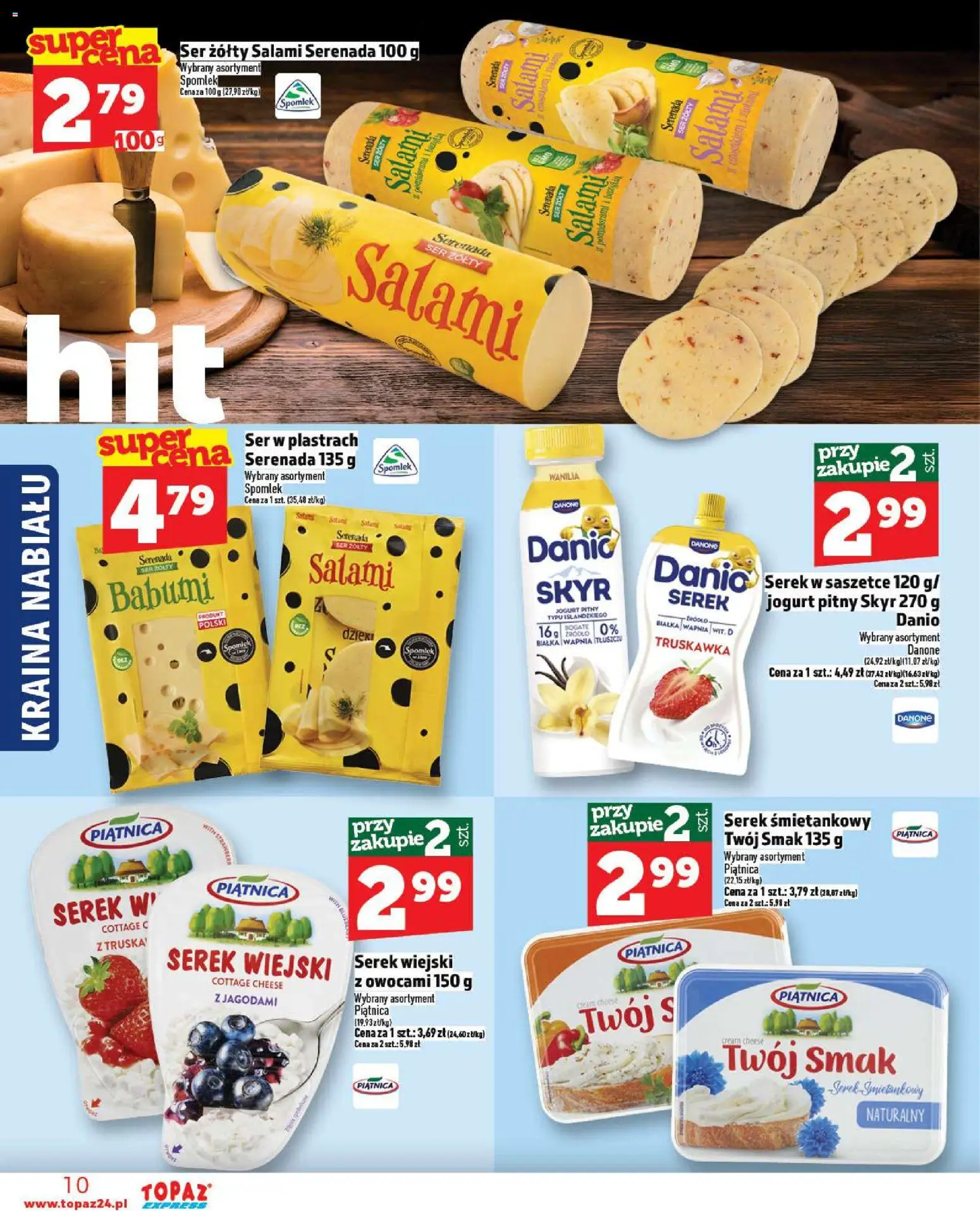 Topaz Gazetka - Express od 20.11.2025 | Strona: 10 | Produkty: Jogurt pitny, Serek wiejski, Ser, Salami