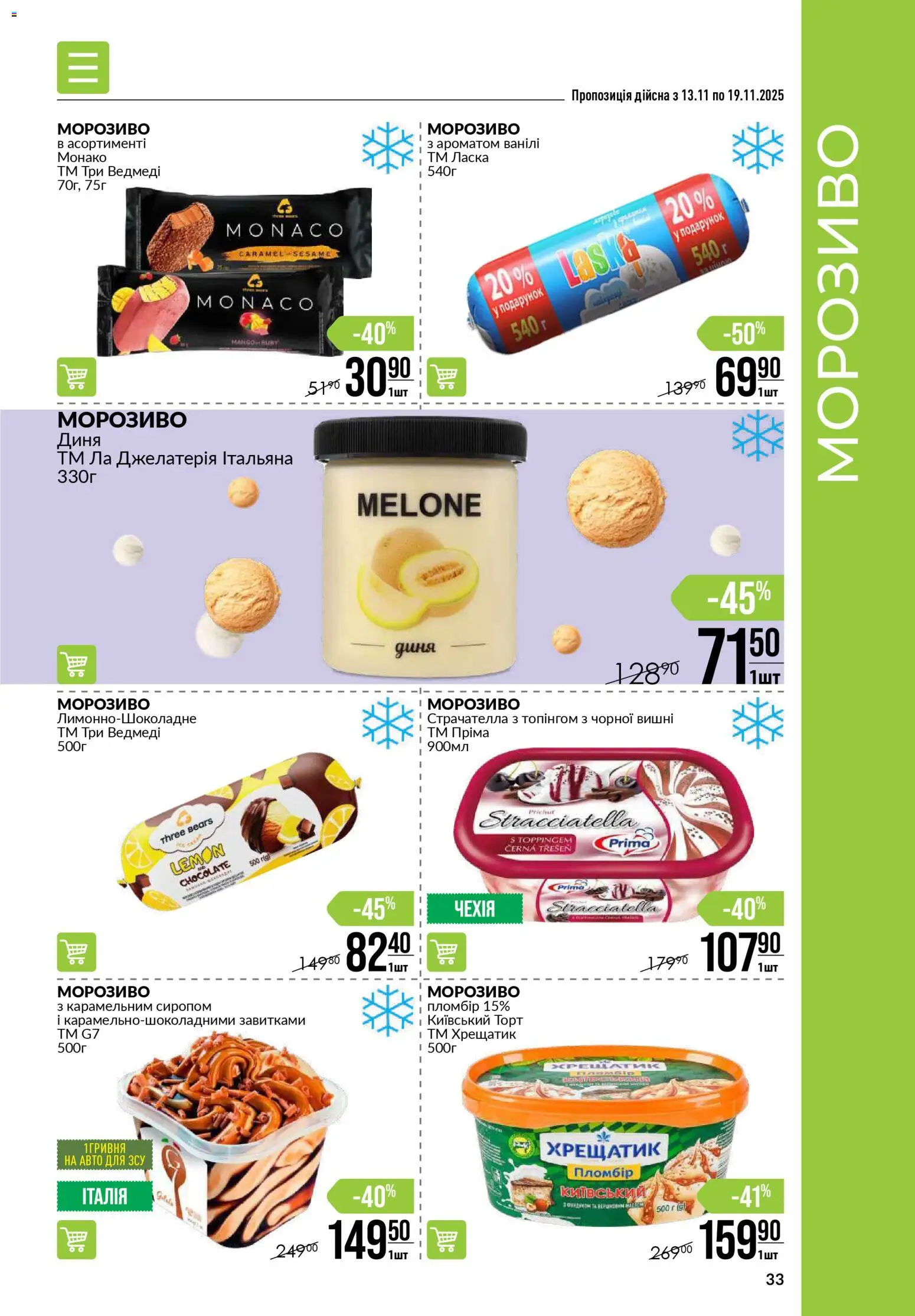 VARUS Kаталог - дійснийкції з 13.11.2025 | Сторінка: 33 | Товари: Морозиво, Диня, Вишні