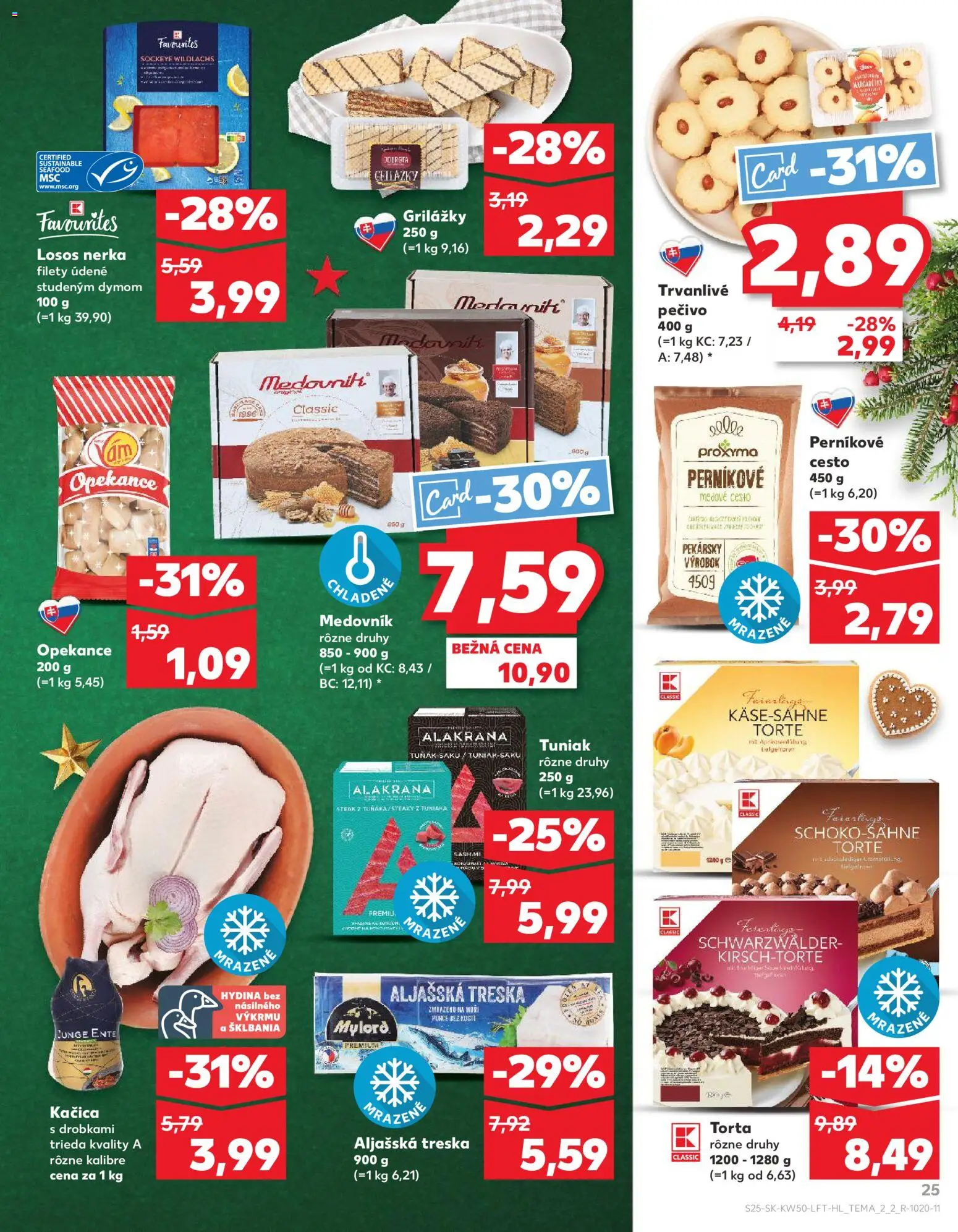 Nové Kaufland akcie – leták je platný od 11.12.2025 | Strana: 25 | Produkty: Torta, Kačica, Losos, Steak
