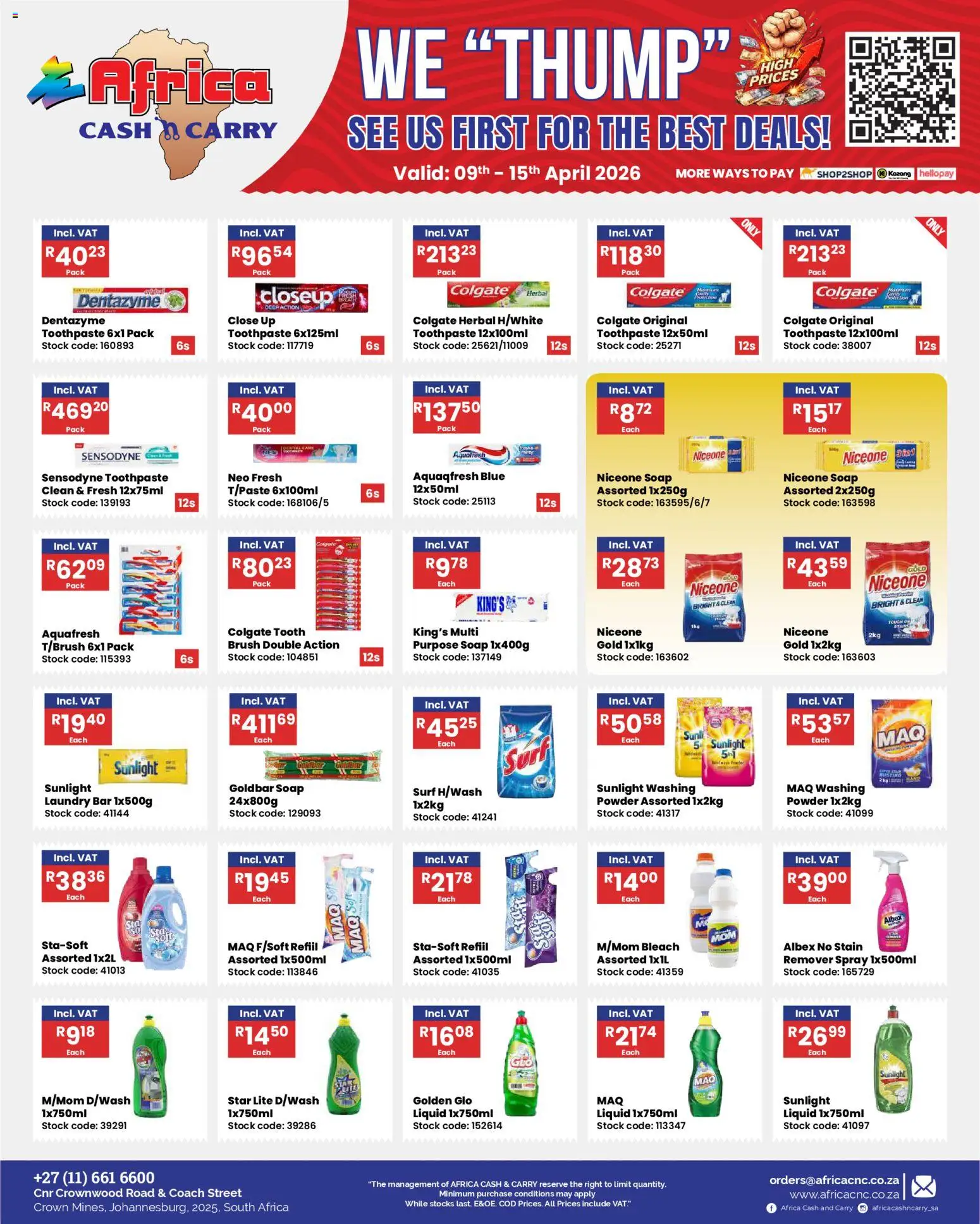 New Africa Cash & Carry catalogue – valid from 09.04.2026 | Page: 11 | Products: Bleach, Brush, Soap, Toothpaste