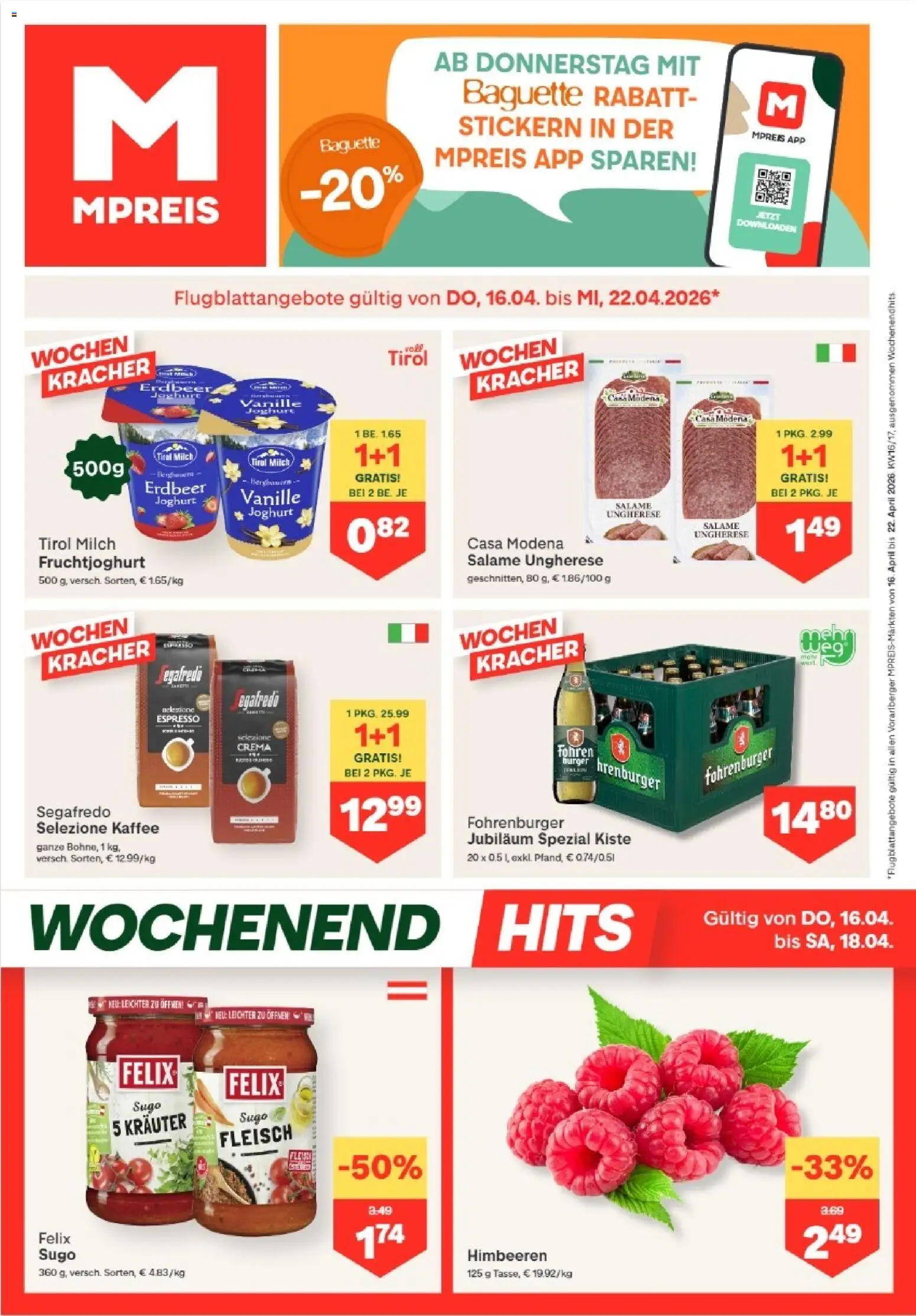 MPREIS Hohenems gültig ab 16.04.2026 | Seite: 1 | Produkte: Jääkaappipakastin, Milch, Joghurt, Kaffee