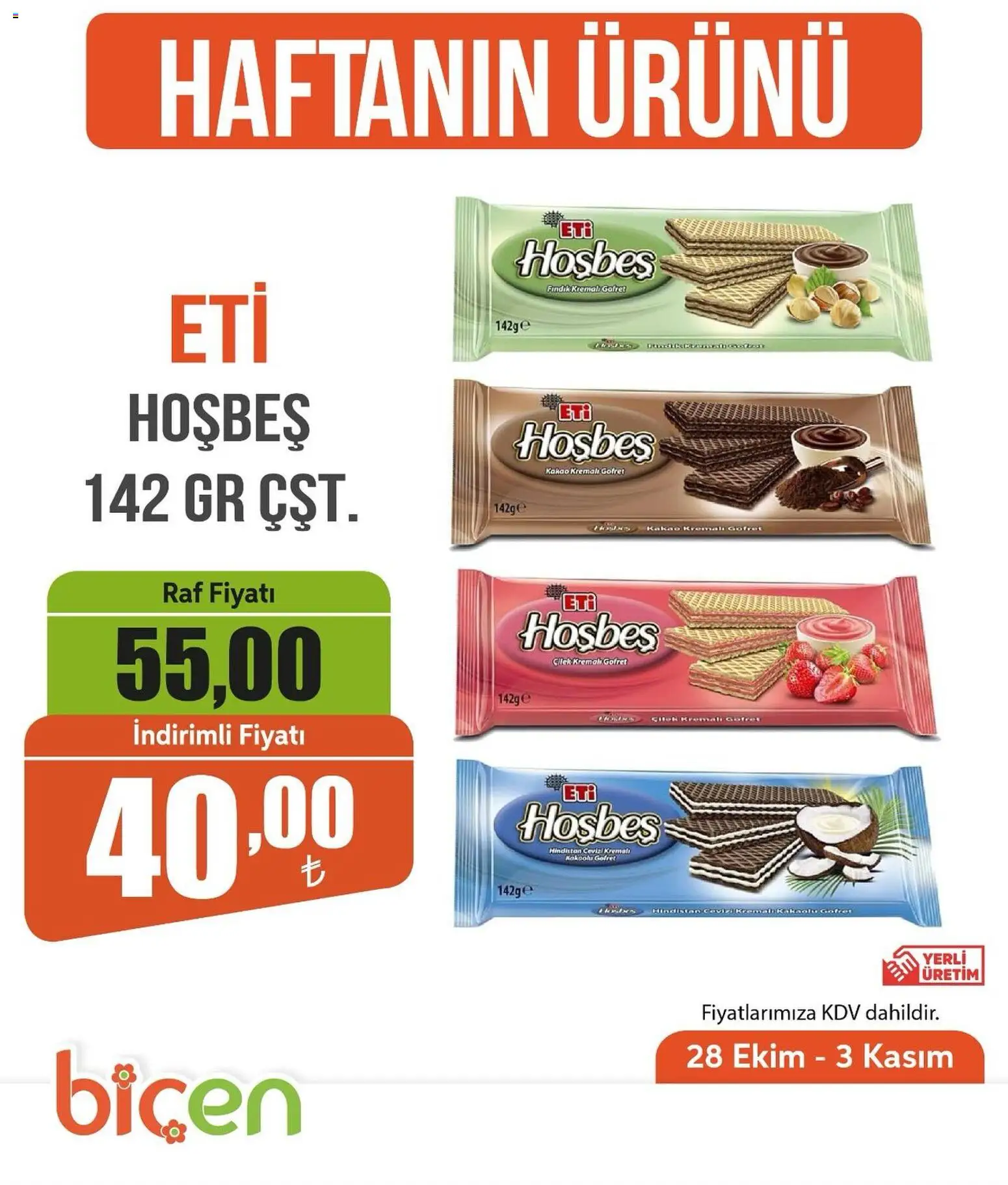 Biçen Market - Haftanın Ürünü - 28.10.2025 tarihinden itibaren geçerlidir | Sayfa: 1 | Ürünler: Gofret, Hindistan Cevizi, Çilek, Fındık