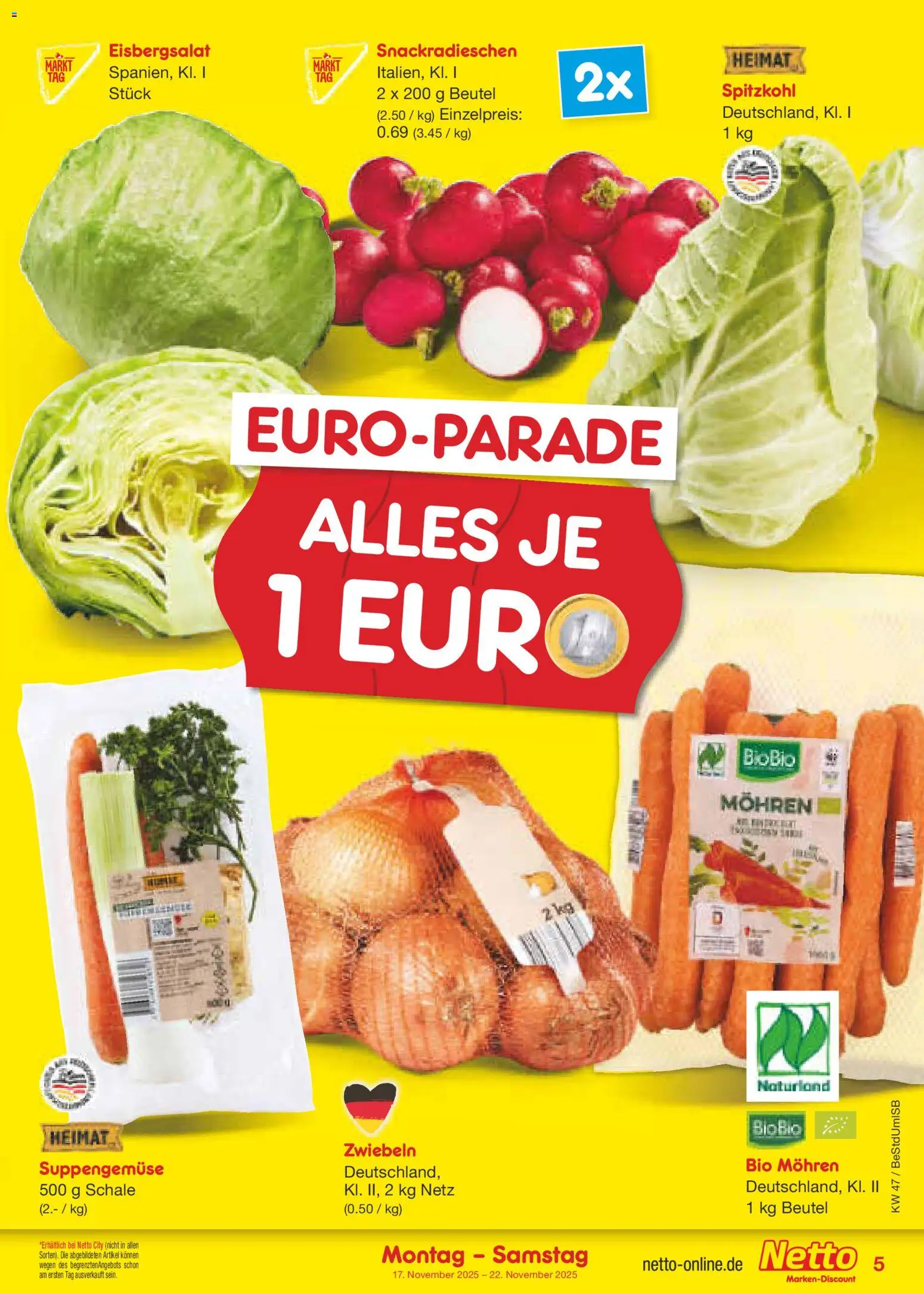 Netto Marken-Discount - Black Friday – gültig ab 17.11.2025 | Seite: 5 | Produkte: Eisbergsalat, Mohren, Zwiebeln
