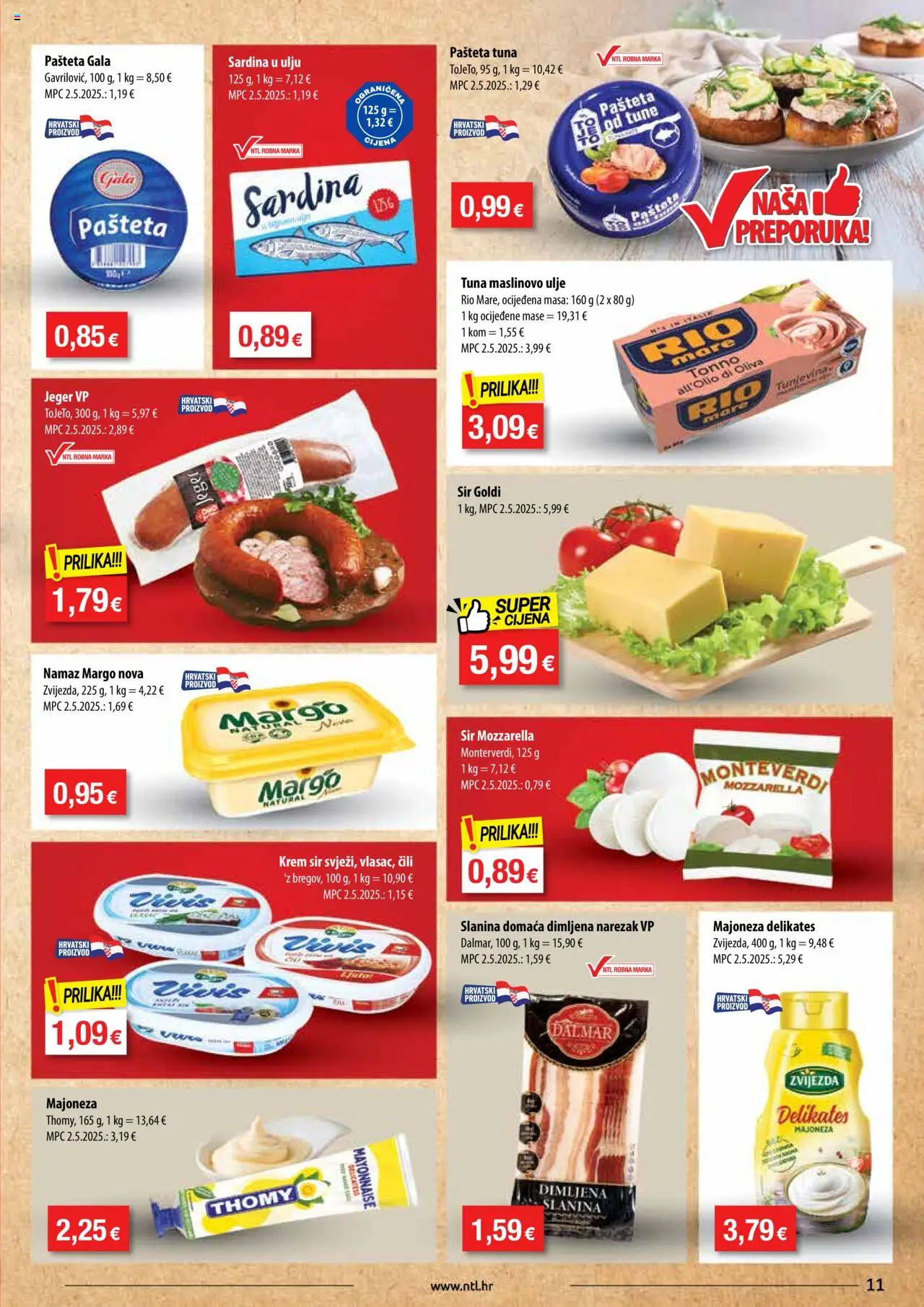 NTL katalog | vrijedi od 08.10.2025 | Stranica: 11 | Proizvodi: Krem sir, Mozzarella, Pašteta, Tuna