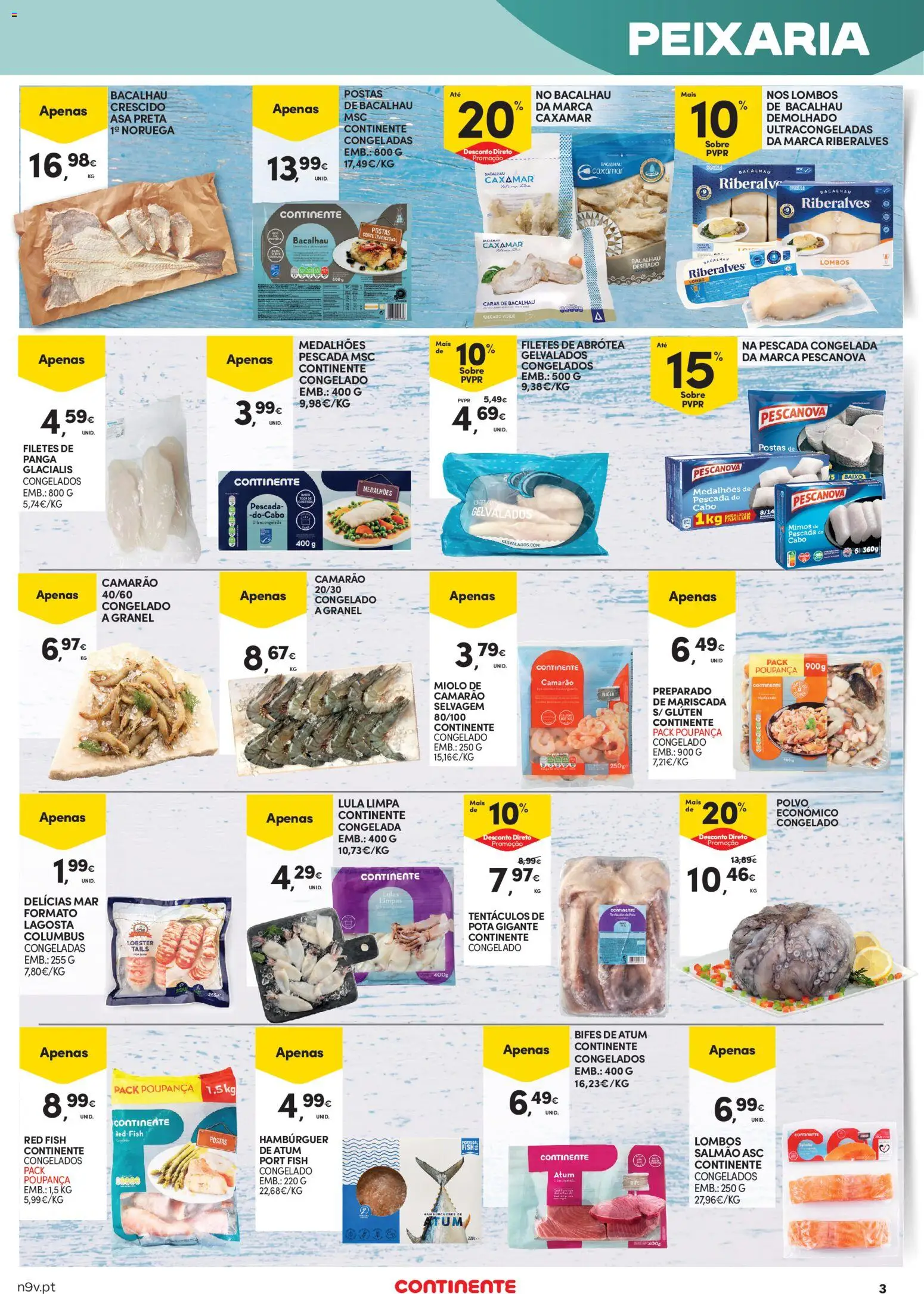 Continente - Açores: Em janeiro a poupança vem primeiro │ válido de 02.01.2026 | Página: 3 | Produtos: Bacalhau, Hambúrguer, Camarão, Salmão