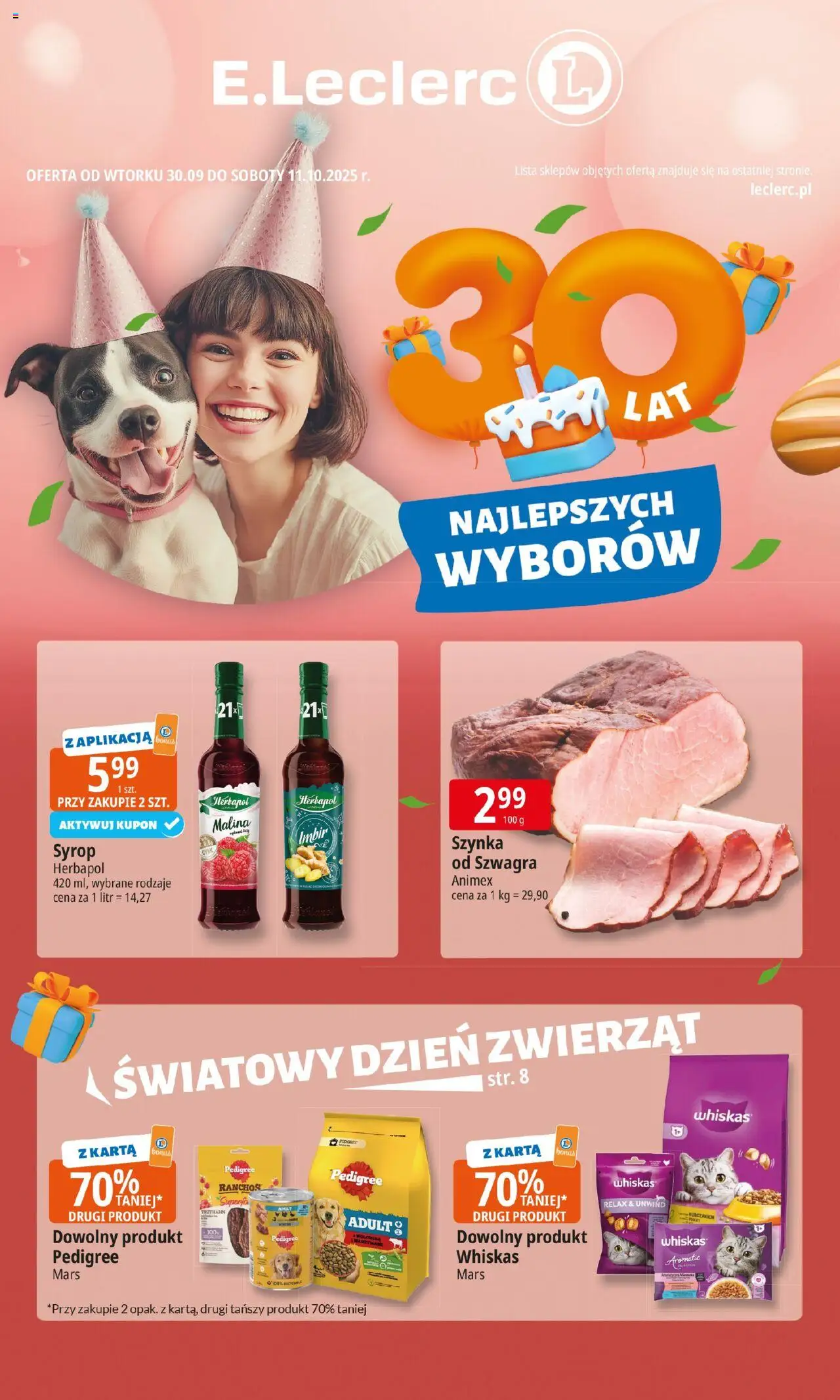 E.Leclerc Gazetka - Elbląg od 30.09.2025 | Strona: 1 | Produkty: Syrop, Malina, Szynka, Pedigree