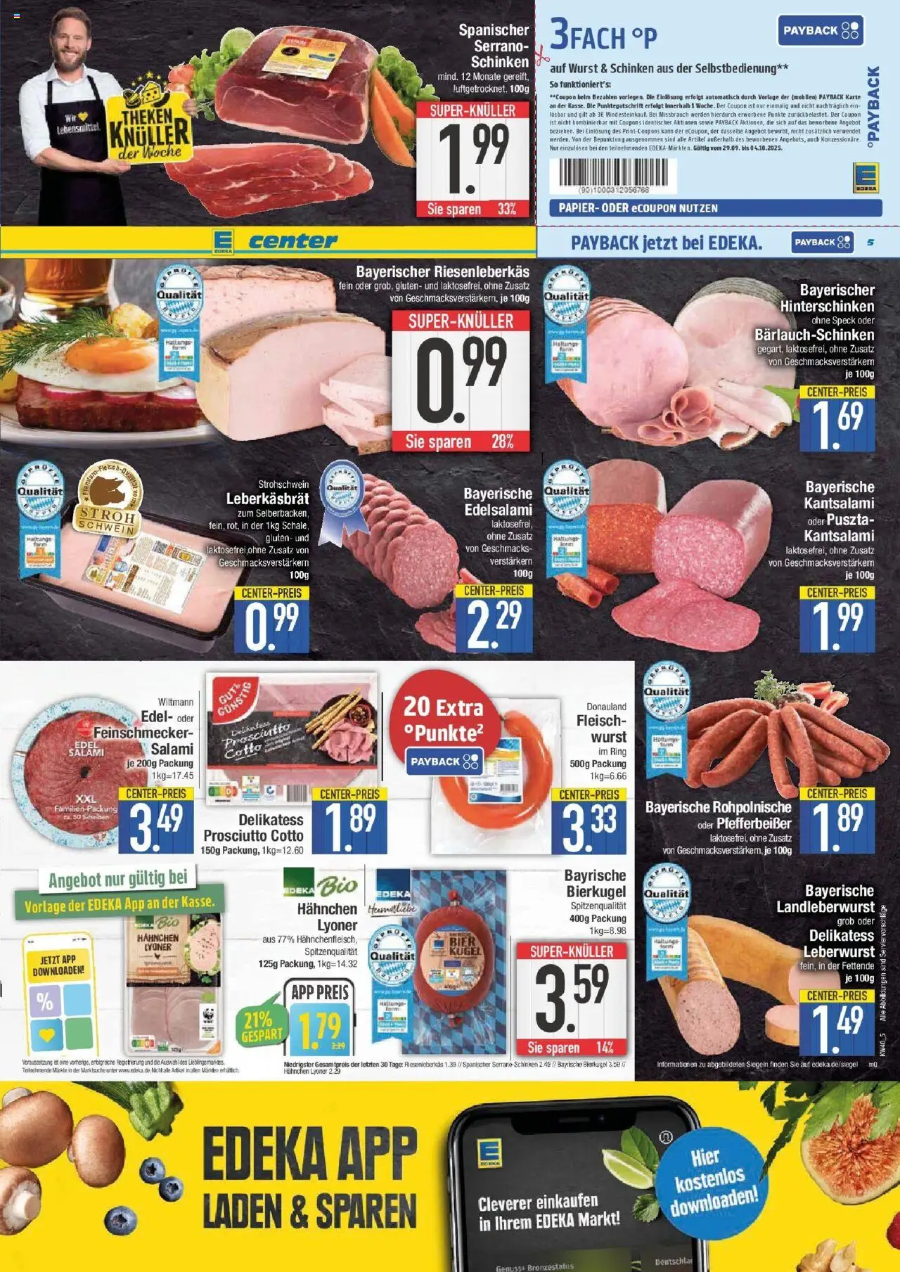 Edeka prospekt Straubing	 – gültig ab 28.09.2025 | Seite: 5 | Produkte: Hahnchen, Wurst, Salami, Serrano schinken