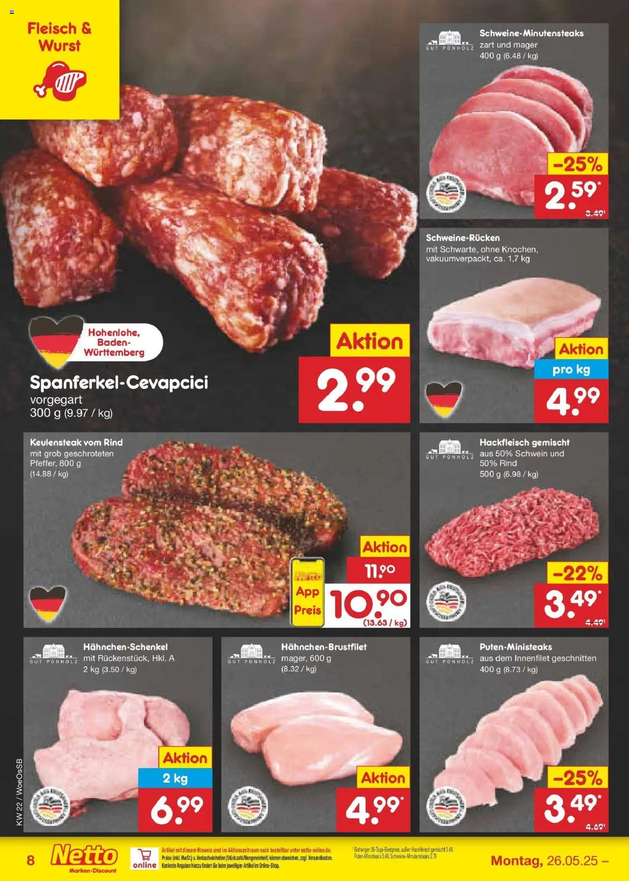 Netto Marken-Discount prospekt Gemmingen	 - gültig ab dem 26.05.2025 | Seite: 10 | Produkte: Hahnchenschenkel, Wurst, Steak, Hackfleisch