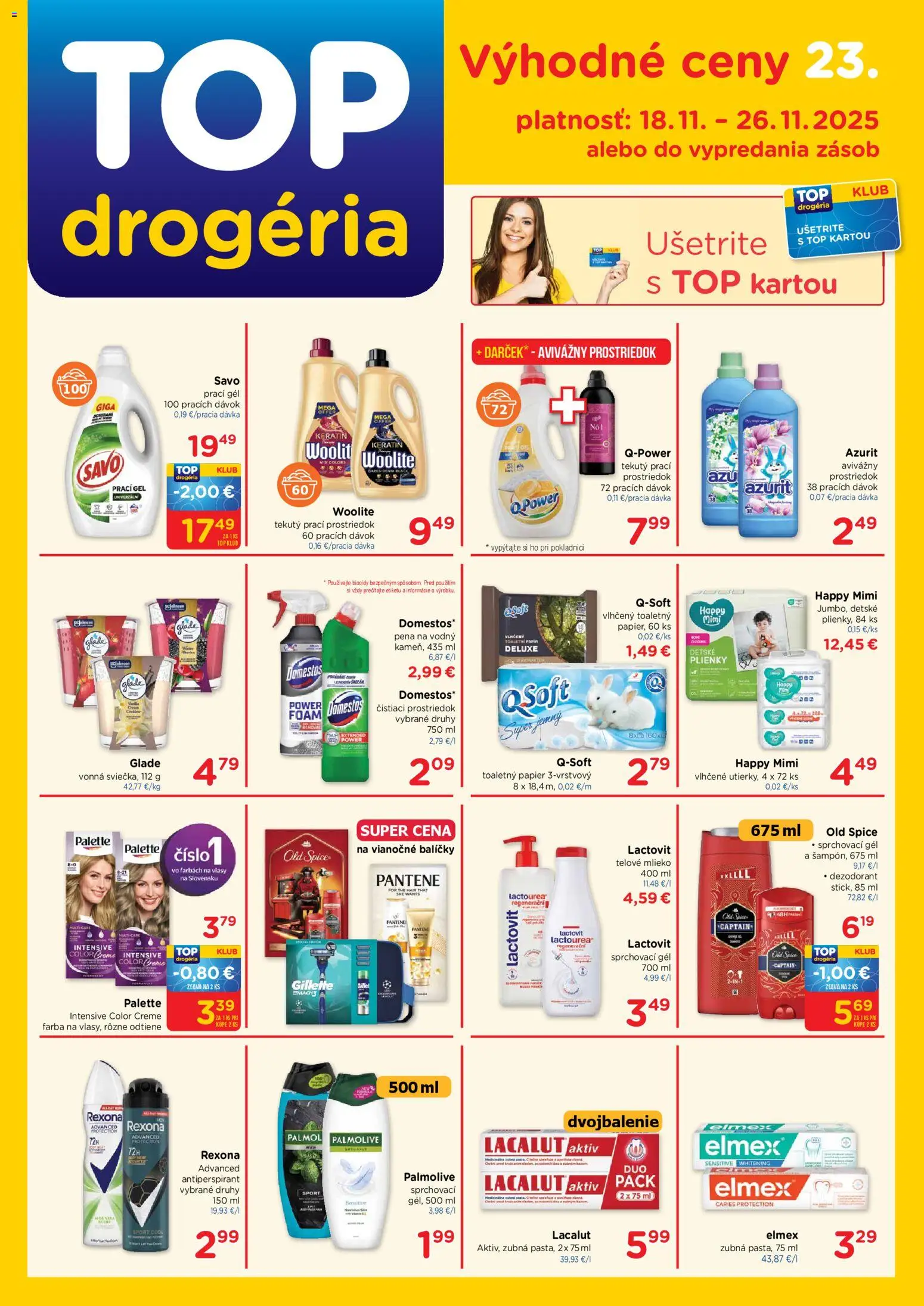 Nové TOP Drogéria akcie – leták je platný od 18.11.2025 | Strana: 1 | Produkty: Mlieko, Toaletný papier, Antiperspirant, Lactovit