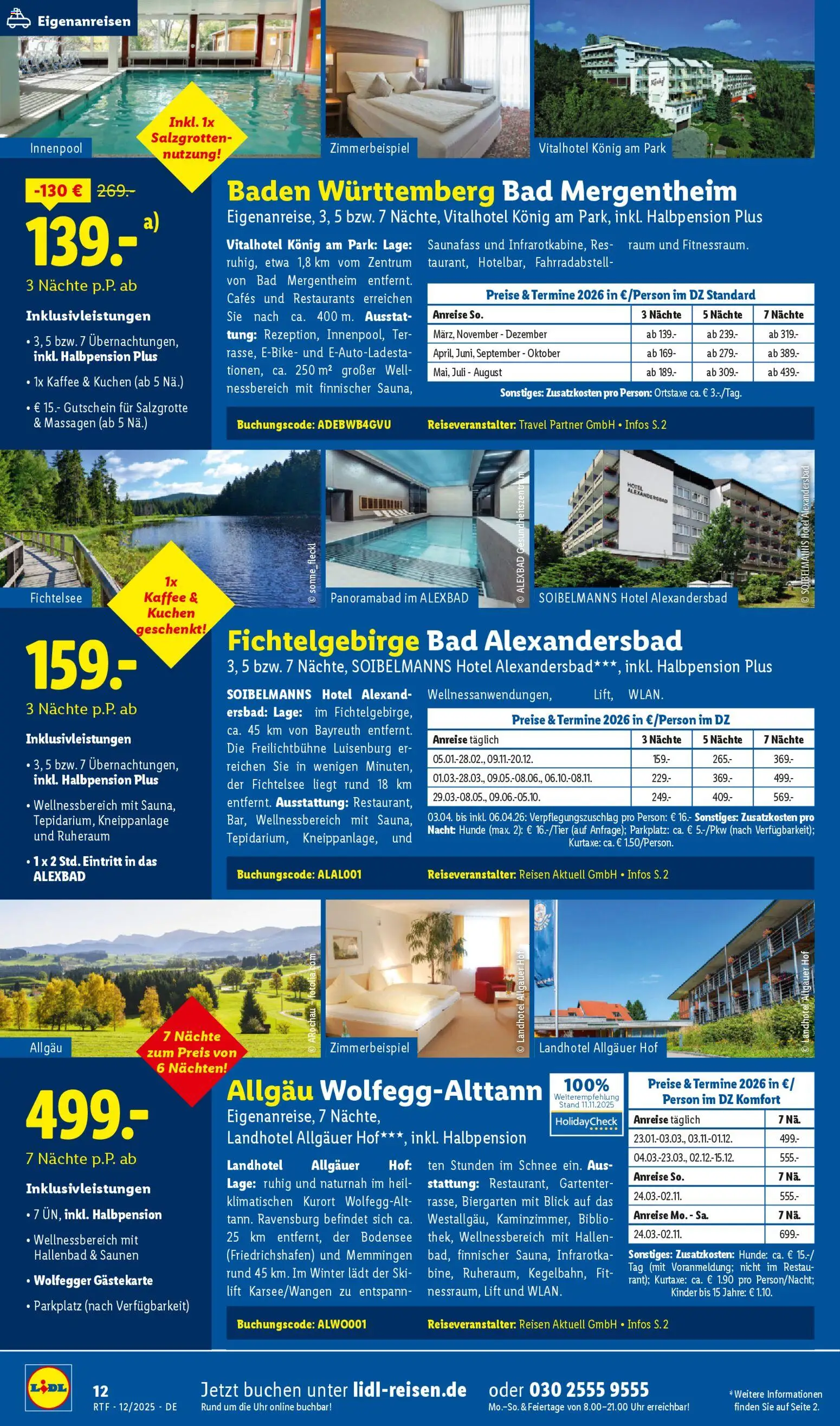Lidl Reisen Dezember/Januar Reise-Highlights – gültig ab 12.12.2025 | Seite: 12 | Produkte: Kaffee, Bad, Ski, Uhr